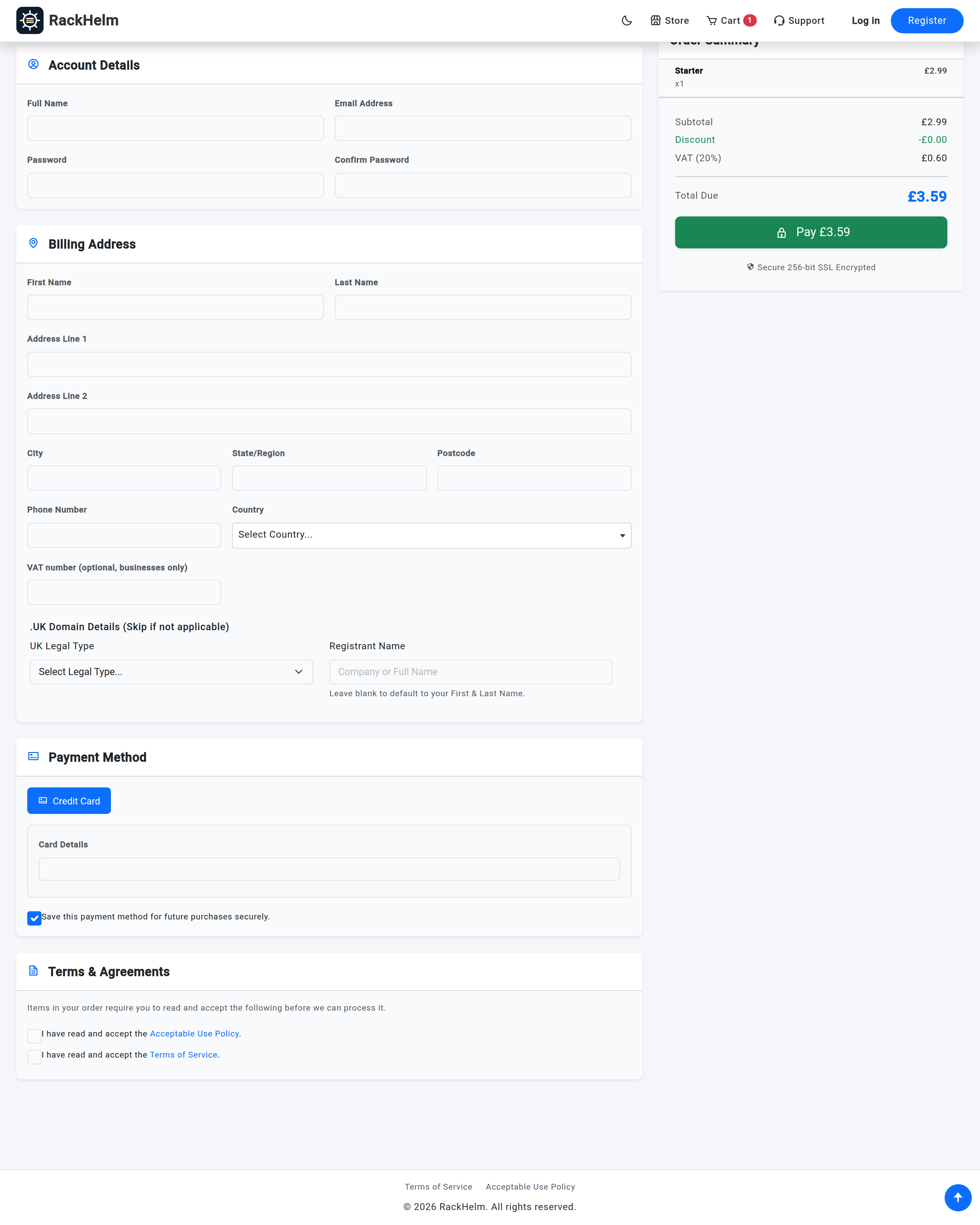 The checkout page showing a required agreements panel with a tick box linking to a legal page
