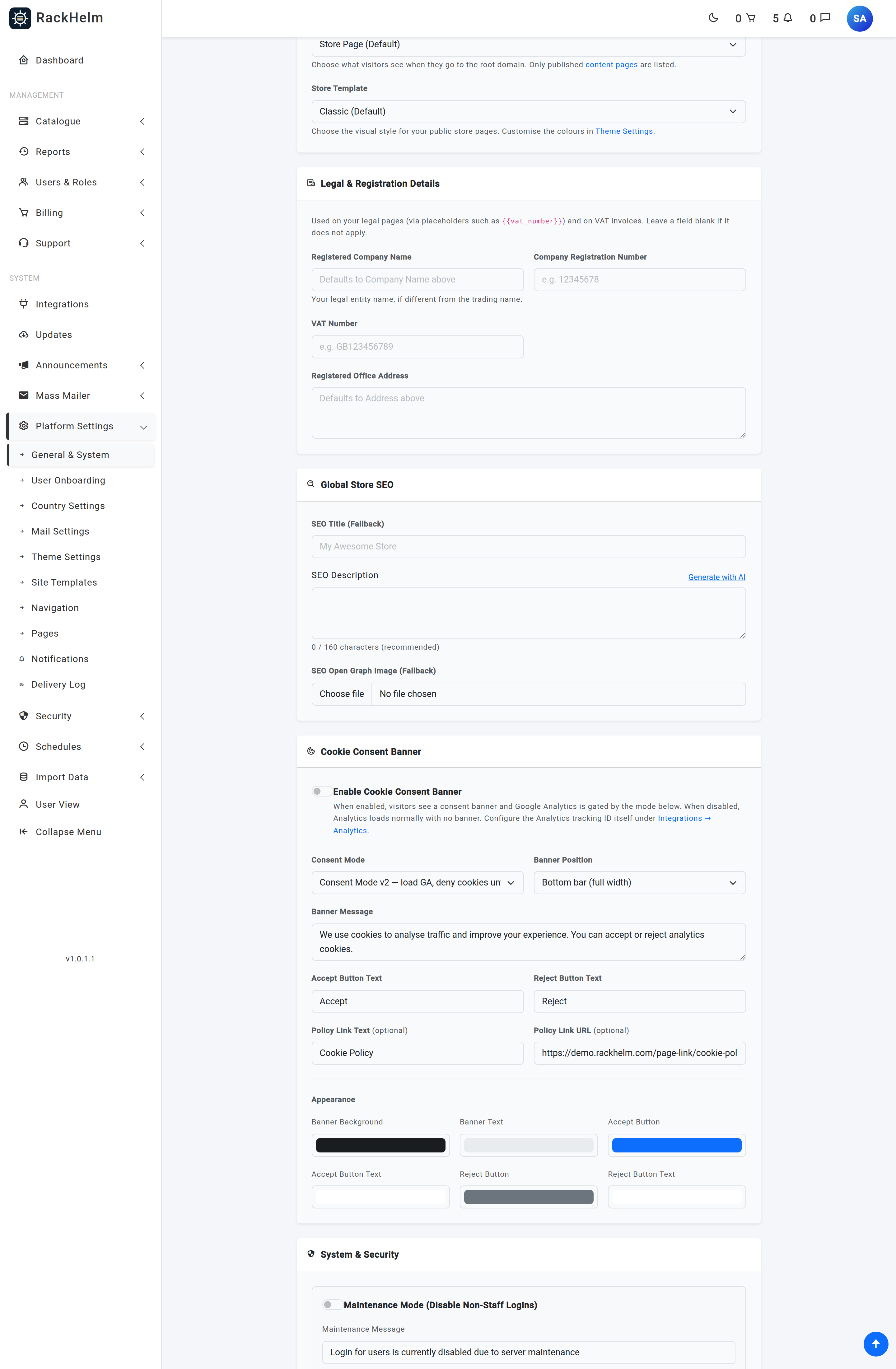 The Legal and Registration Details card on the General and System settings screen with registered name, company number, VAT number and registered address fields