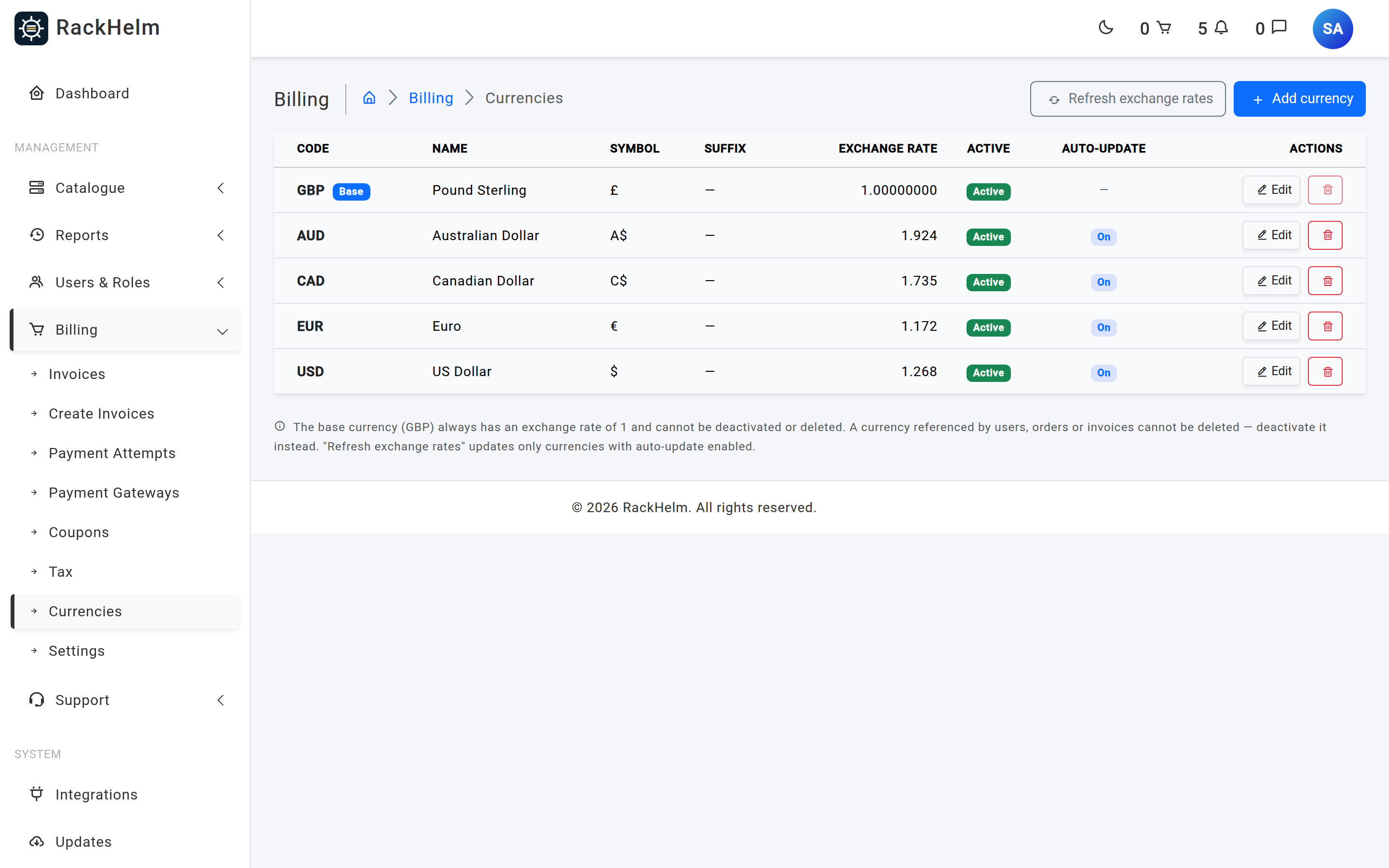 The Currencies screen listing the base currency and additional currencies with rate, active and auto-update columns