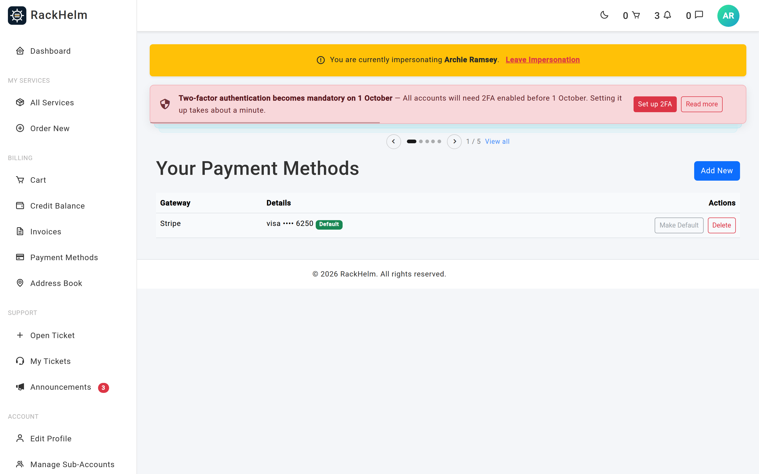 The customer Payment Methods page listing saved methods by gateway and card details with an Add New button