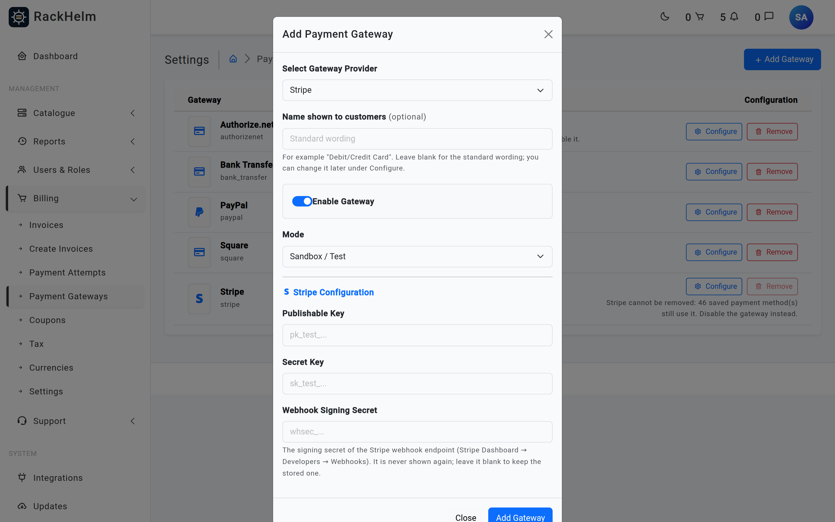 The Add Payment Gateway dialog with a provider dropdown, Enable Gateway switch, Mode selector and provider-specific credential fields