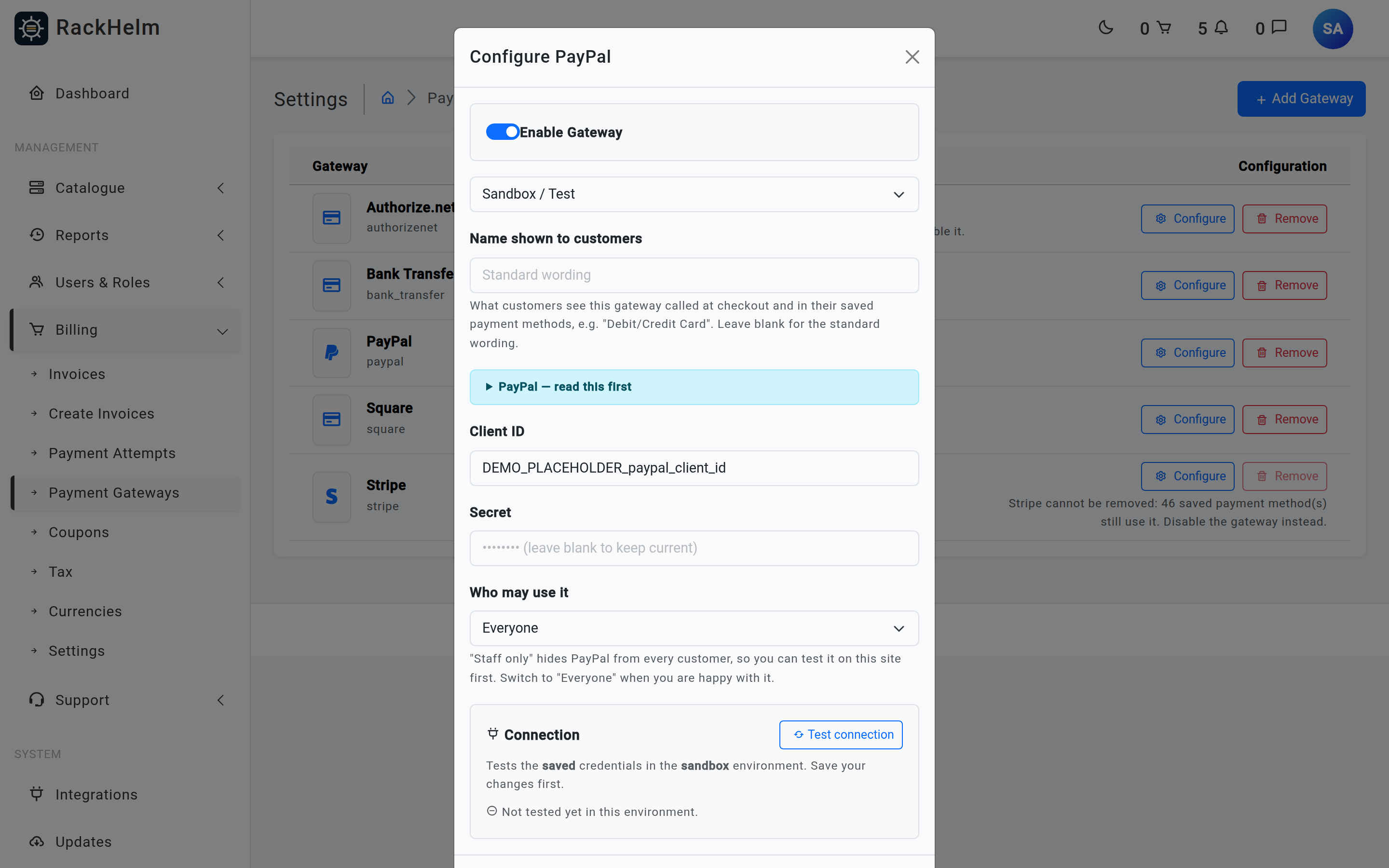 The Configure dialog for PayPal showing the Name shown to customers field, the Who may use it selector and the Connection panel with a Test connection button