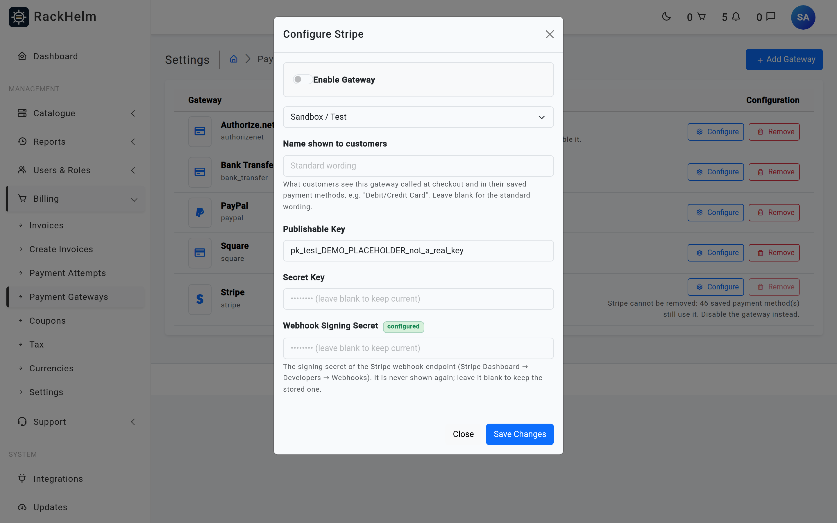 The Configure Stripe dialog showing the Enable Gateway switch, Mode selector, Publishable Key field and a masked Secret Key field