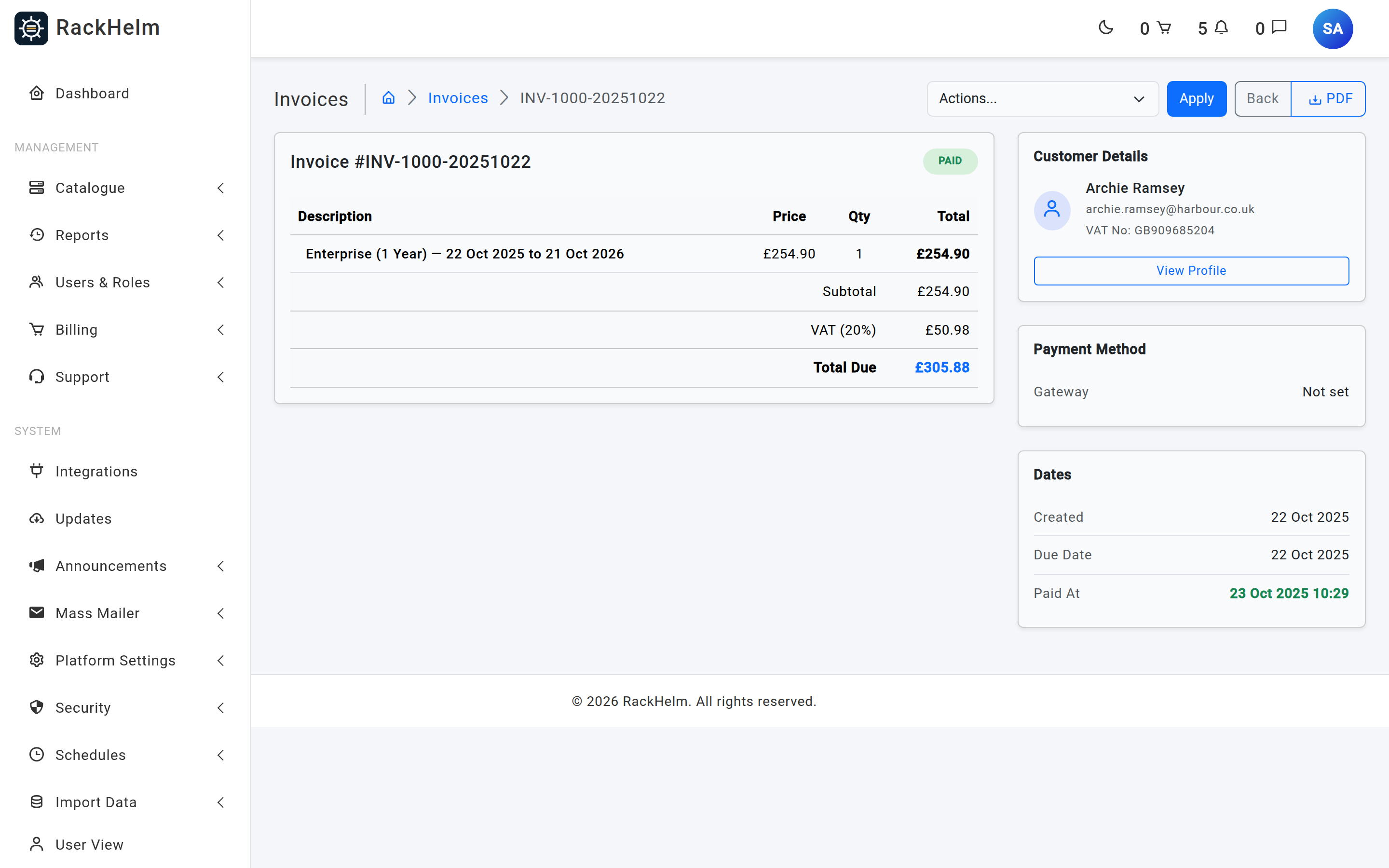 An individual invoice page with the Actions dropdown open, listing Mark as Paid, Mark as Pending, Mark as Void, Process Invoice, Regenerate PDF, Send Reminder, Void and Regenerate from Order, and Delete Invoice