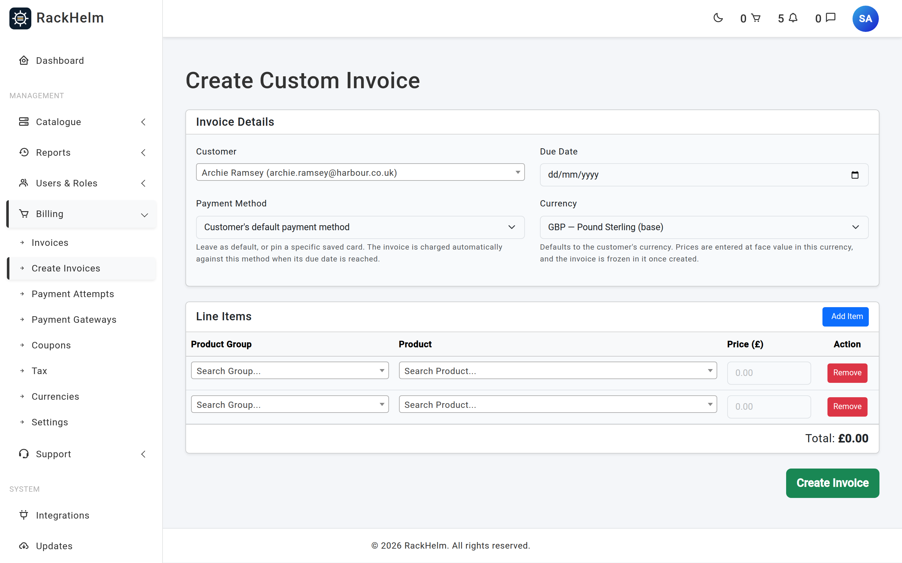 The Create Custom Invoice form showing customer, due date and payment method selectors above a table of line items with group, product and price columns