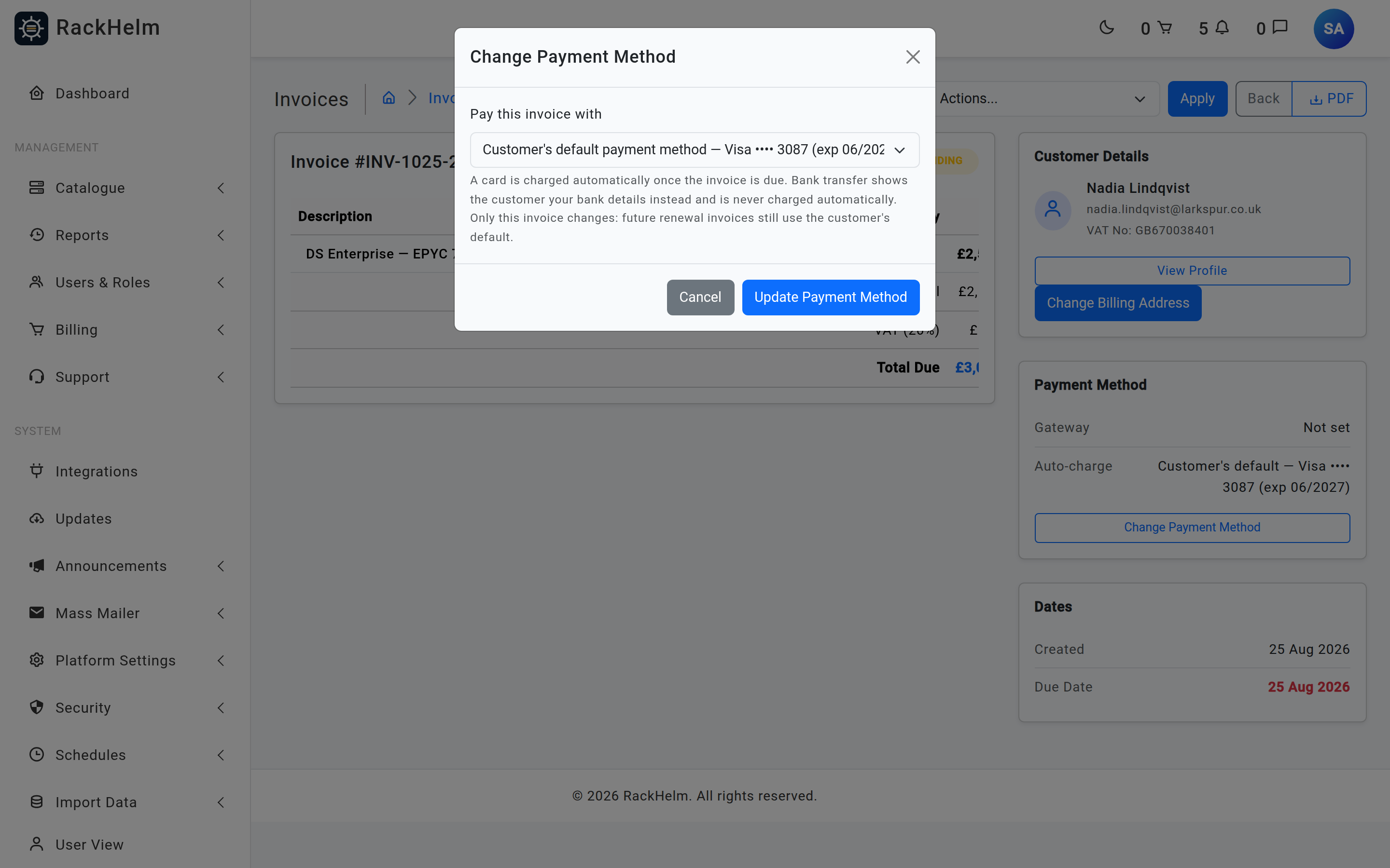 The Change Payment Method dialog on an admin invoice, with a Pay this invoice with list offering the customer's default, a saved card and bank transfer