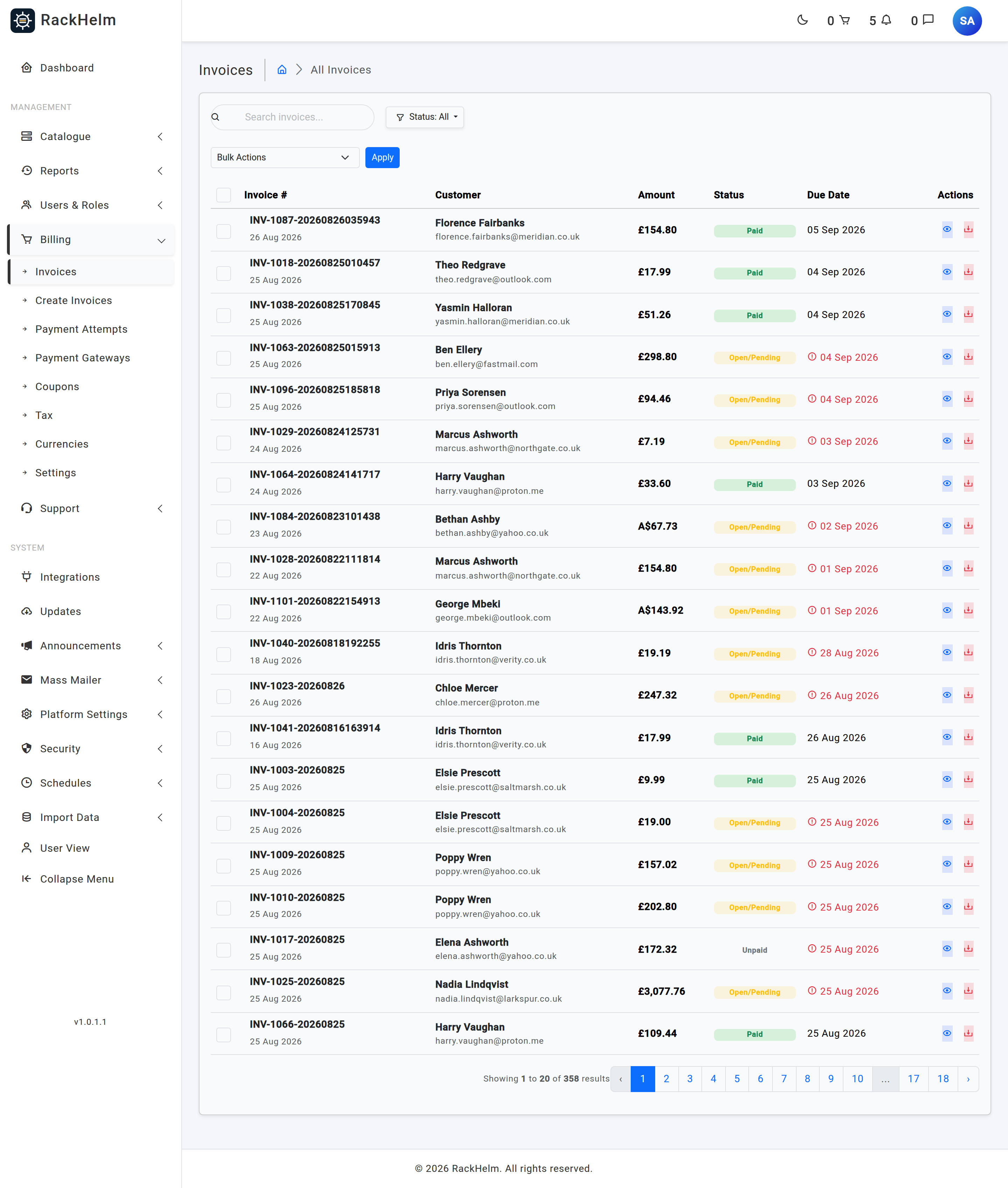 The admin invoice list showing invoice number, customer, amount, status and due date columns with a bulk-action selector above