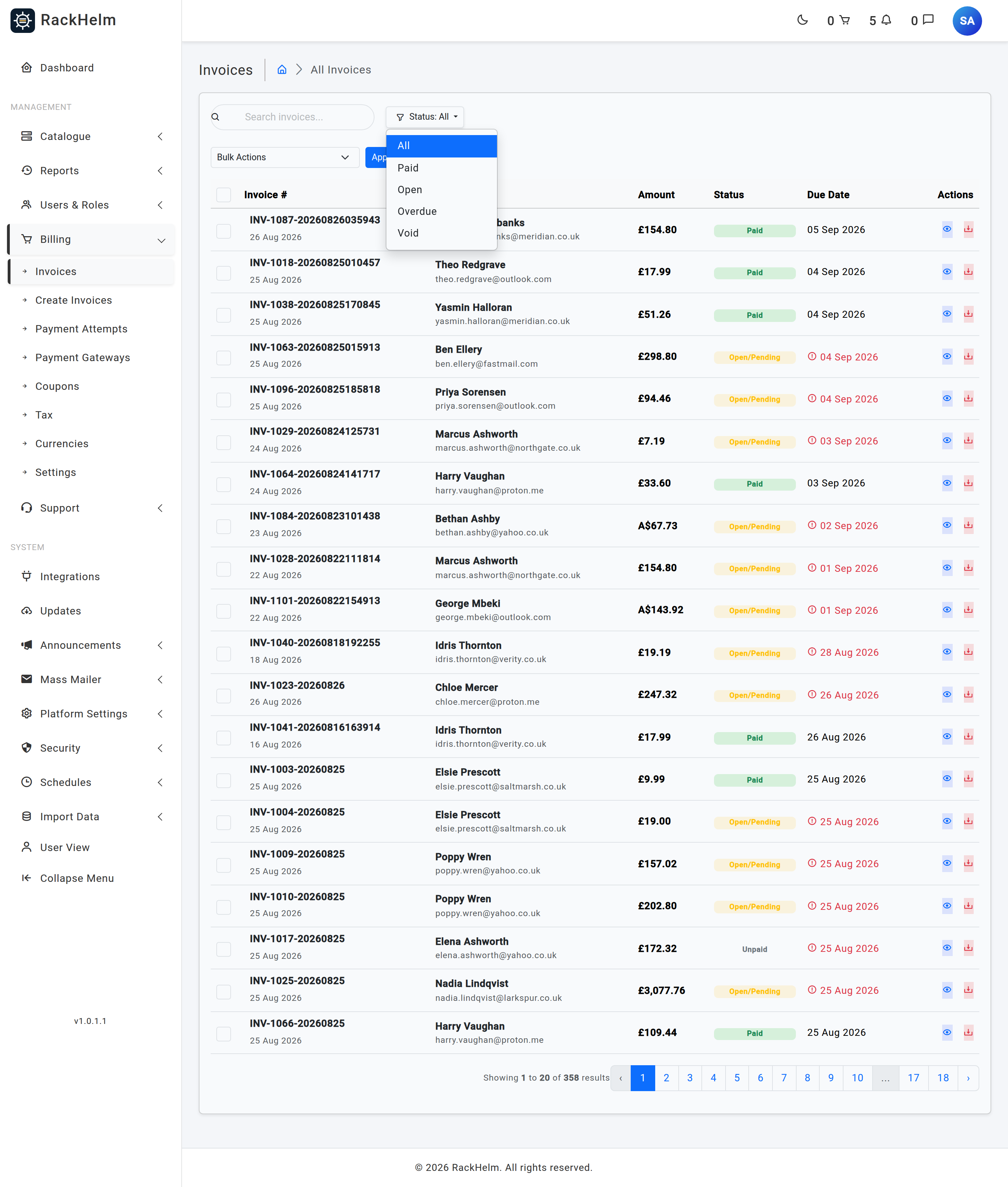 The Status menu on the admin invoice list, showing All, Paid, Open, Overdue, Void and — below a divider — Deleted