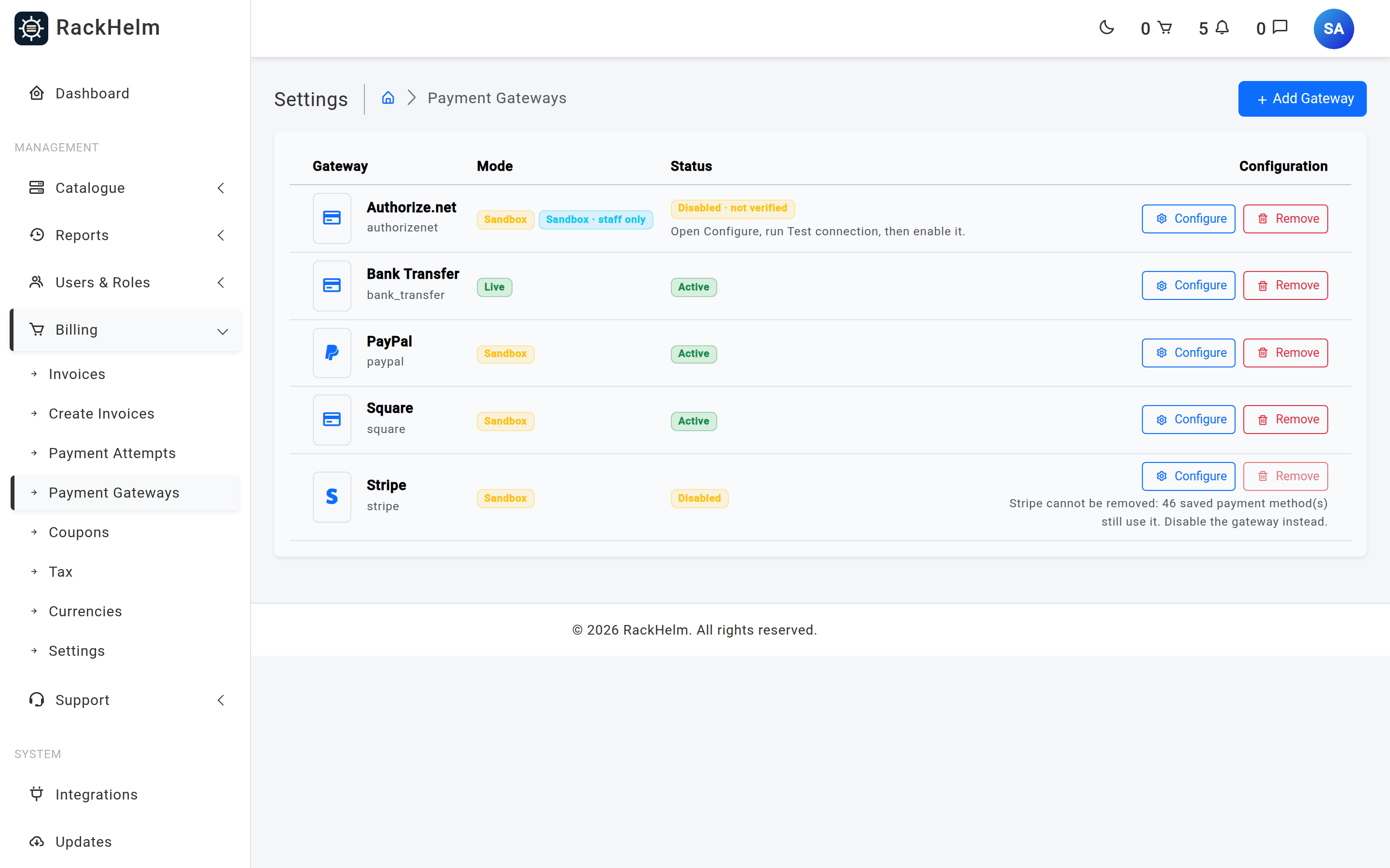 The Payment Gateways list showing rows for Stripe and PayPal with Mode and Status badges and Configure and Remove buttons