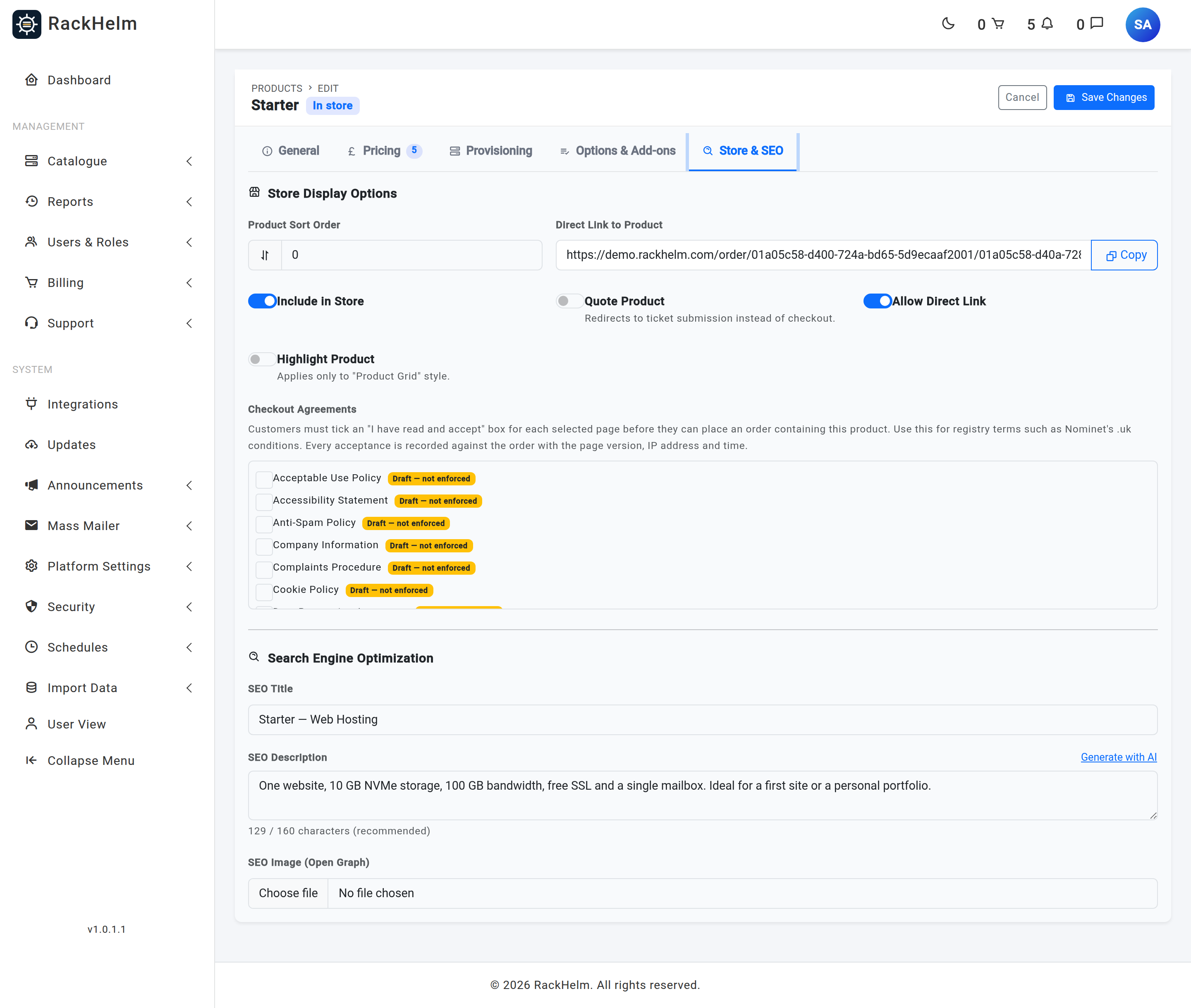 The Checkout Agreements checkbox list on a product's Store and SEO tab, with one unpublished page marked Draft — not enforced