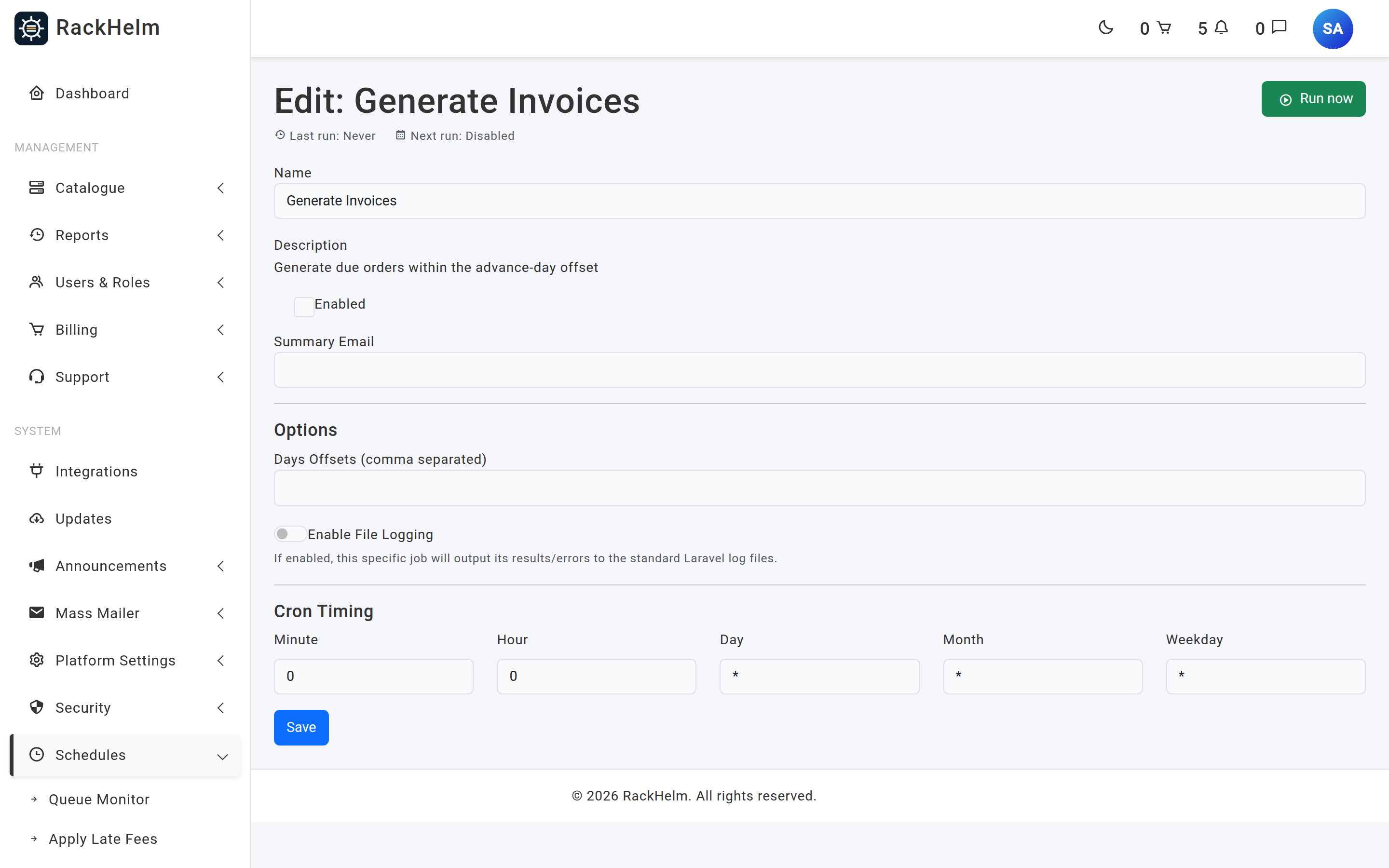 The Generate Invoices schedule editor showing the Days Offsets field, enable switch, file-logging switch and five cron fields