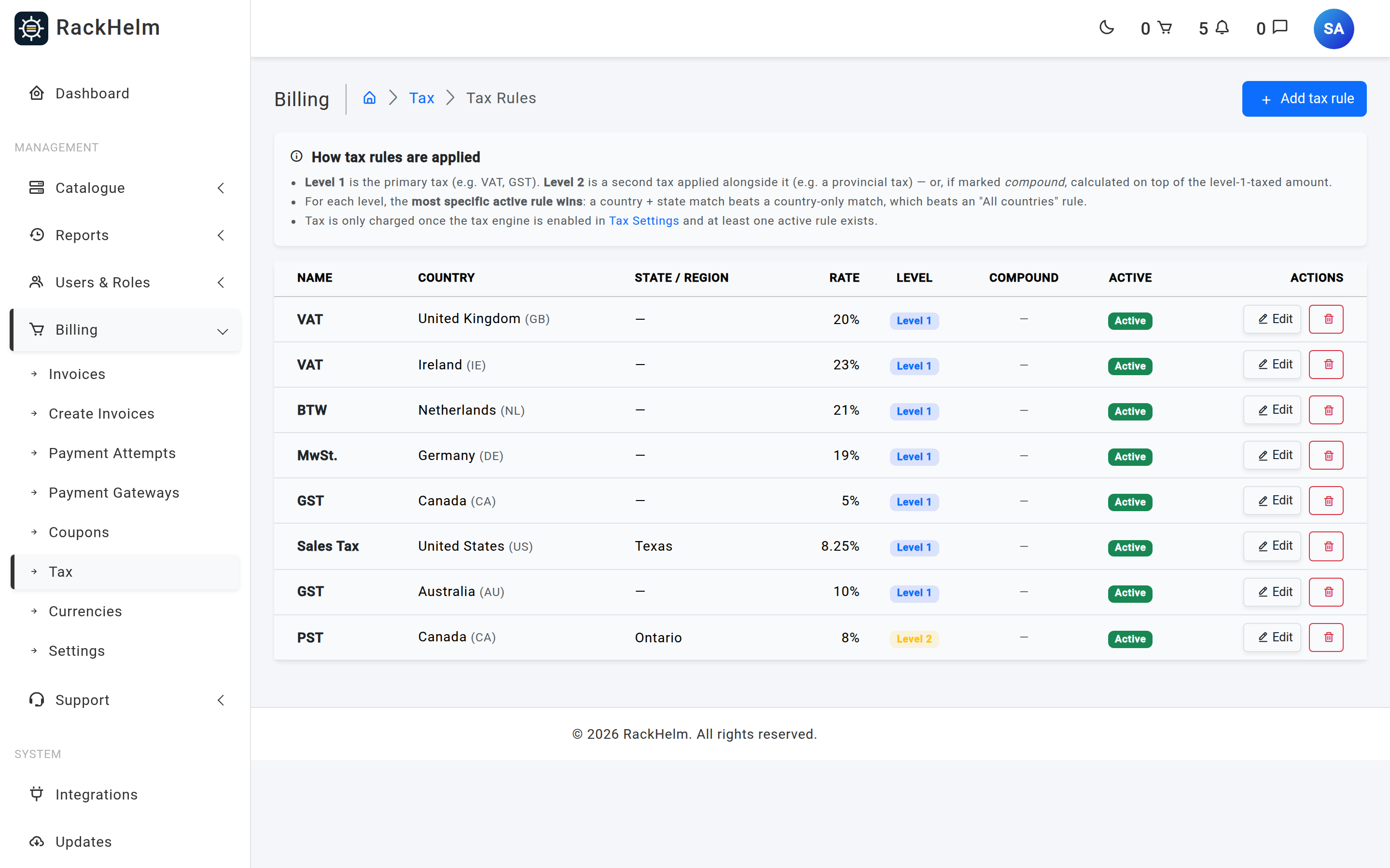 The Tax Rules screen listing rules by name, country, state, rate, level, compound and active status