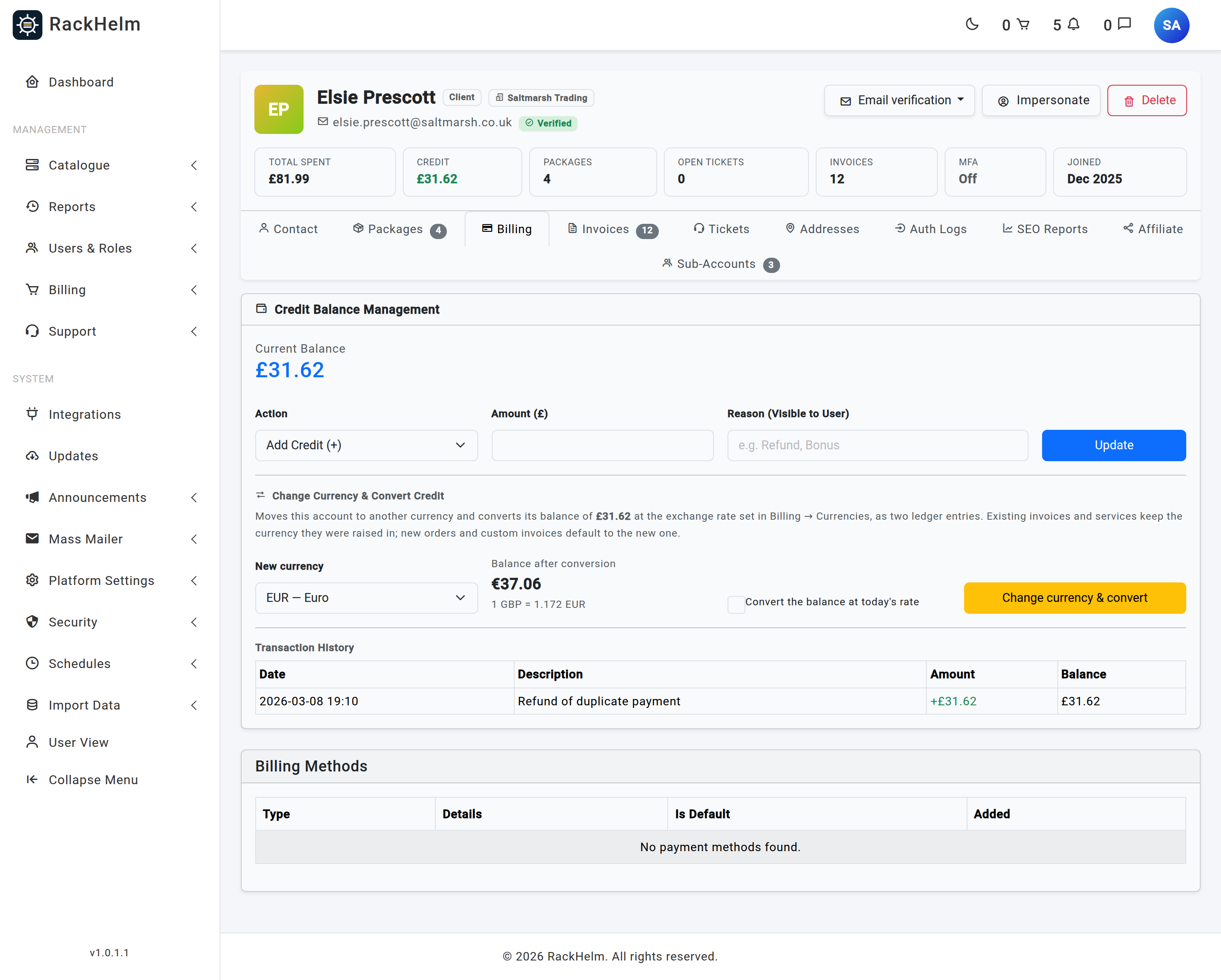 The Change Currency and Convert Credit card showing the new currency select, the converted balance preview, the rate line and the confirmation tick box