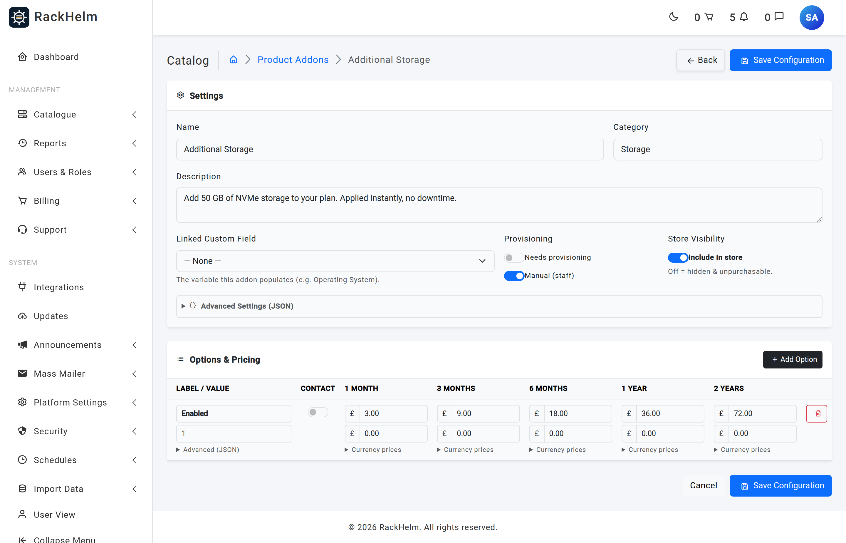 The add-on configuration screen showing an options table with label, value, a Contact toggle and a price plus setup cell per billing cycle