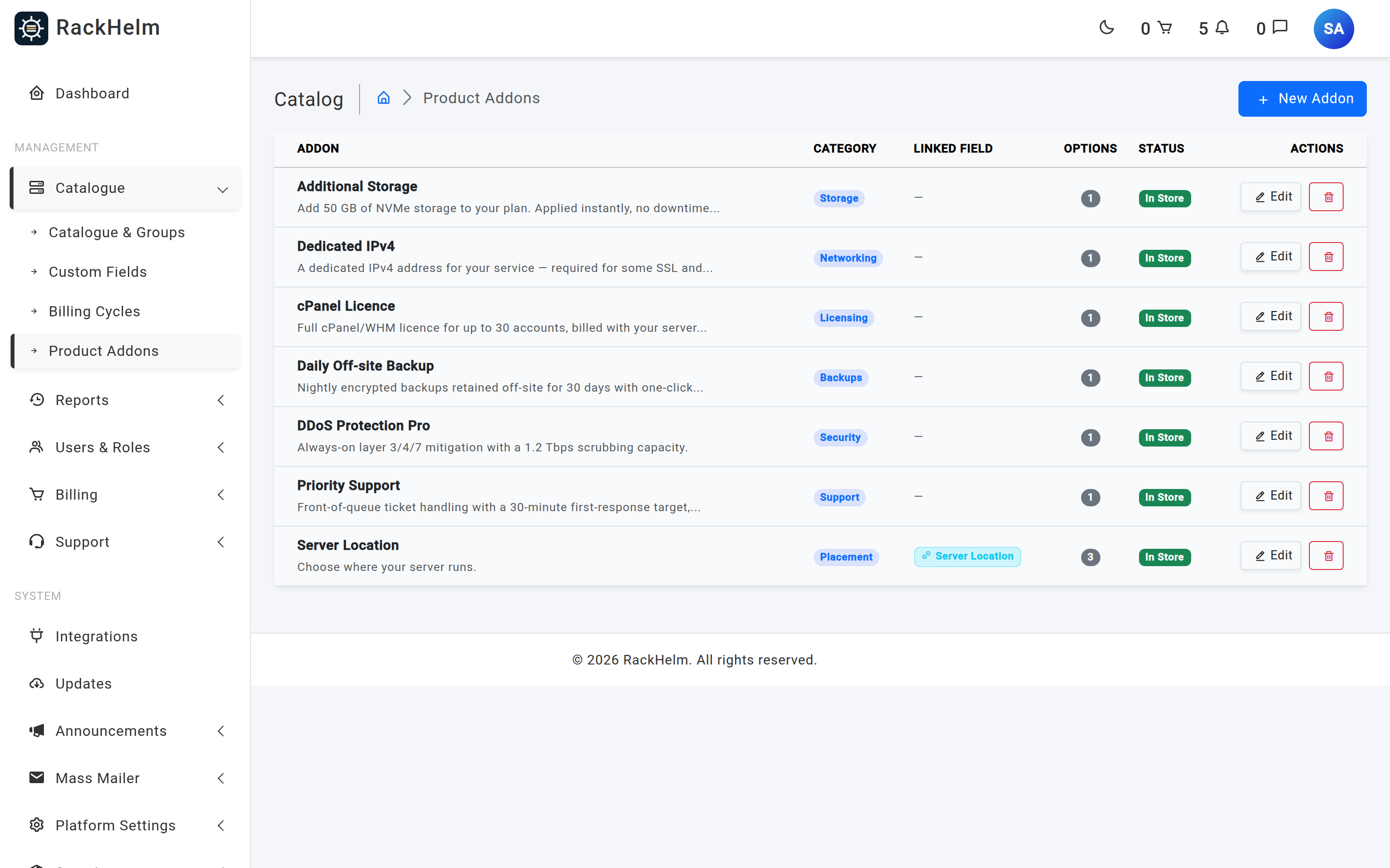 The Product Addons list showing name, category, linked field, option count and store status