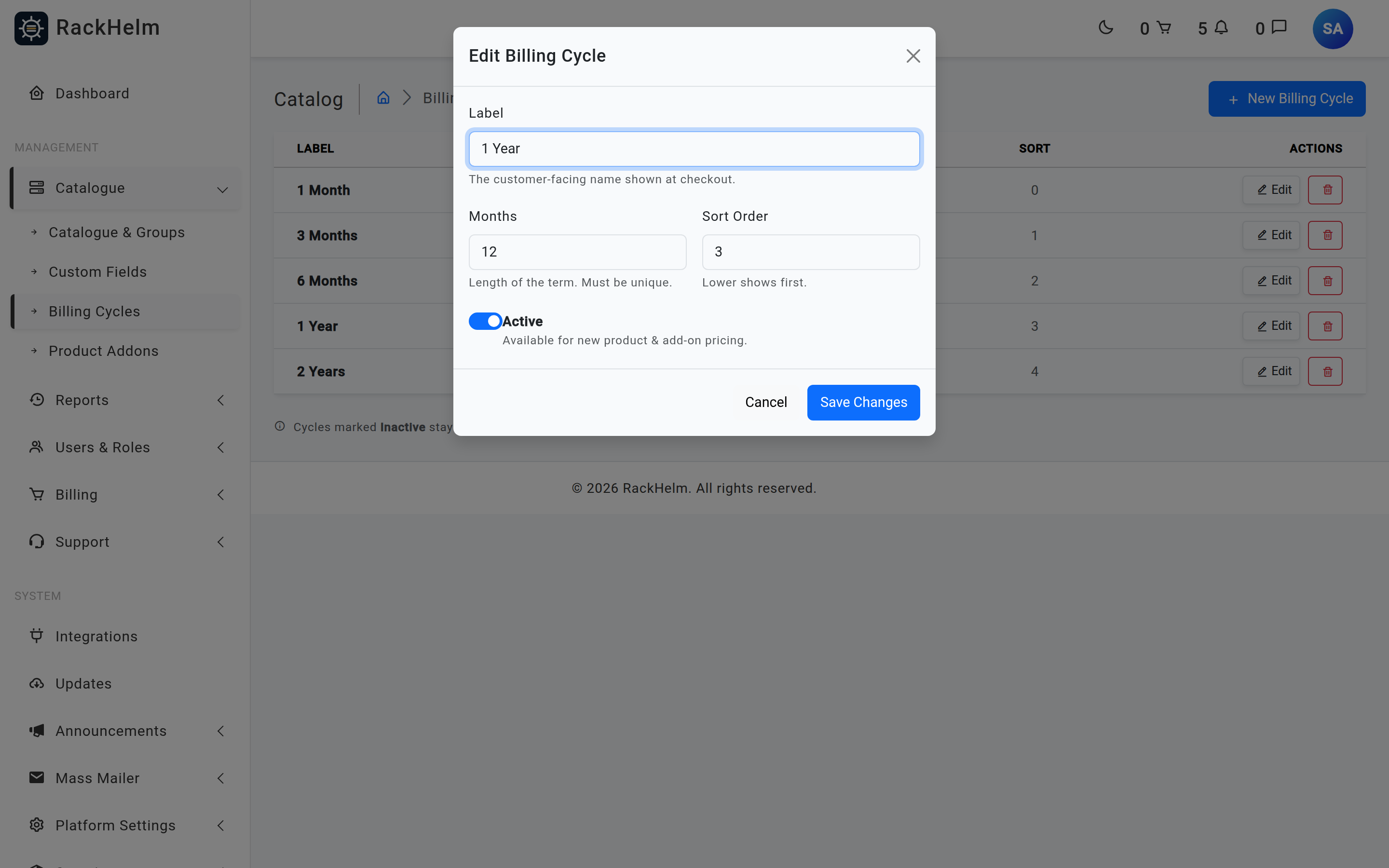 The shared New/Edit Billing Cycle modal with label, months, sort order and an Active switch