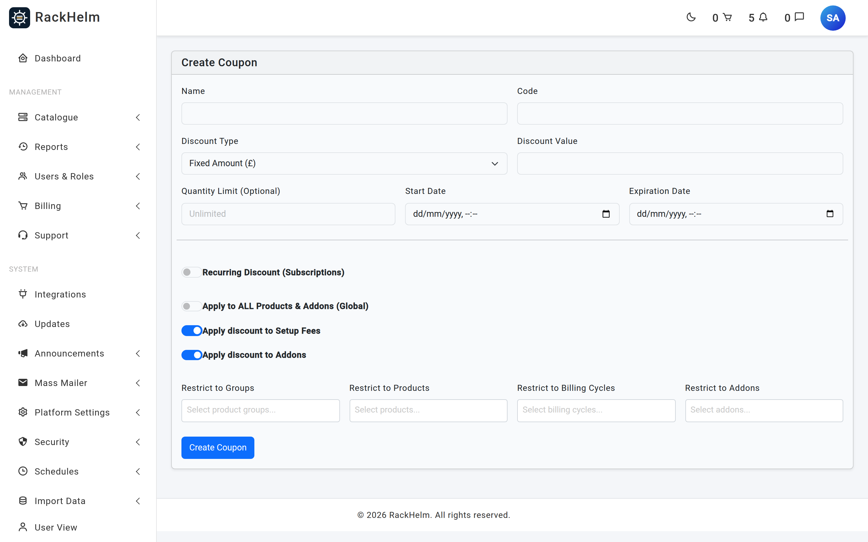 The Create Coupon form showing discount type and value, limits, the global switch and the four restriction multi-selects