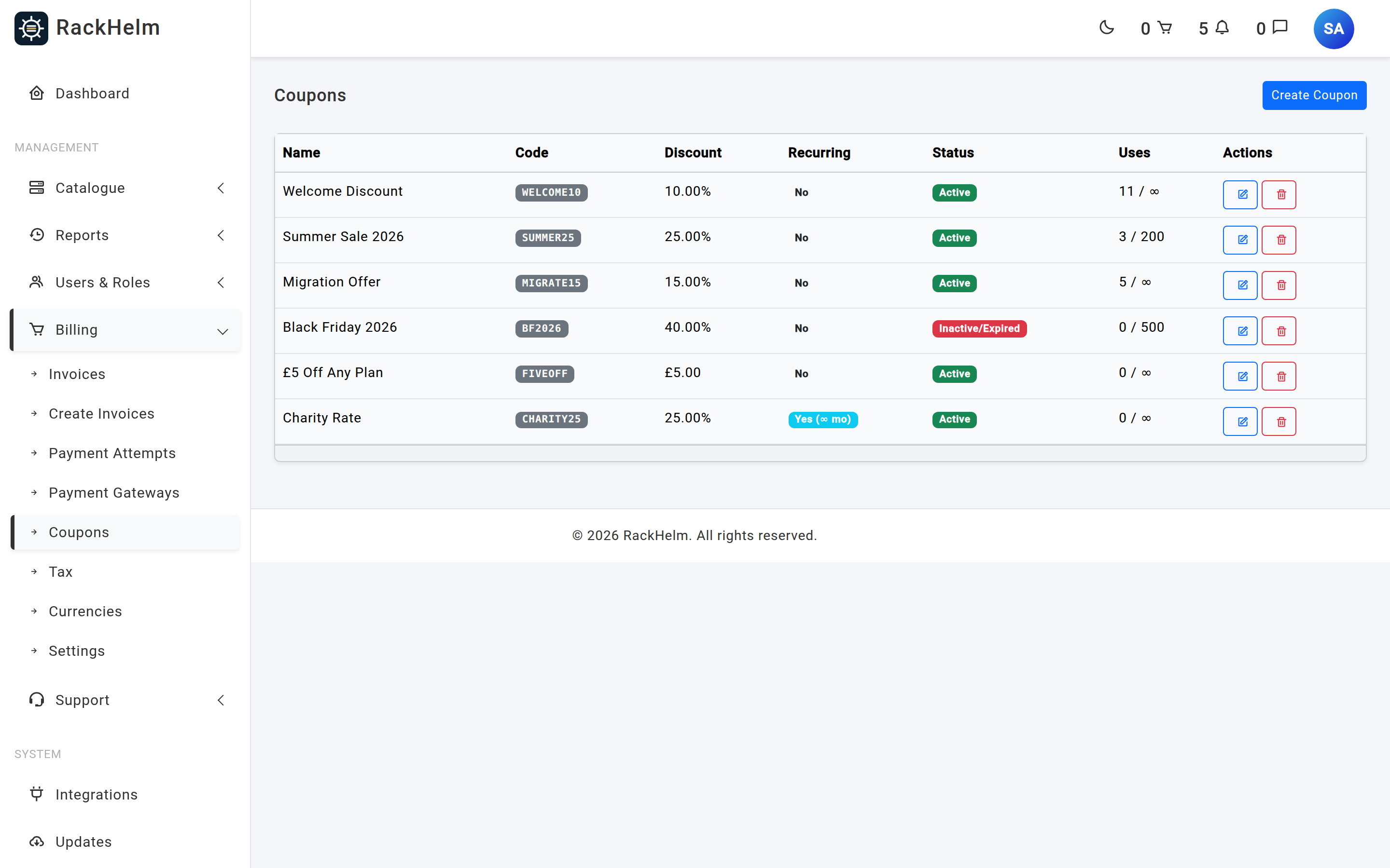 The Coupons list showing name, code, discount, recurring flag, status and uses