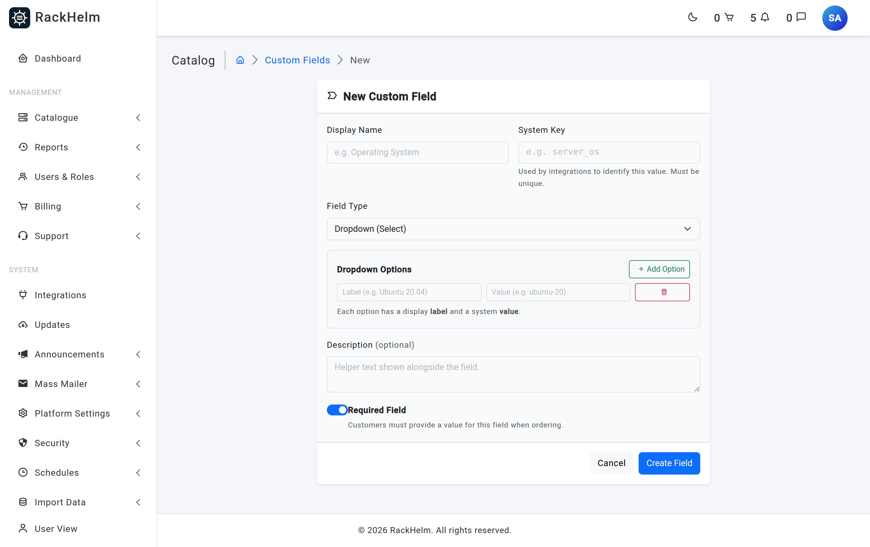 The custom field form with display name, system key, field type, dropdown options builder, description and a Required switch