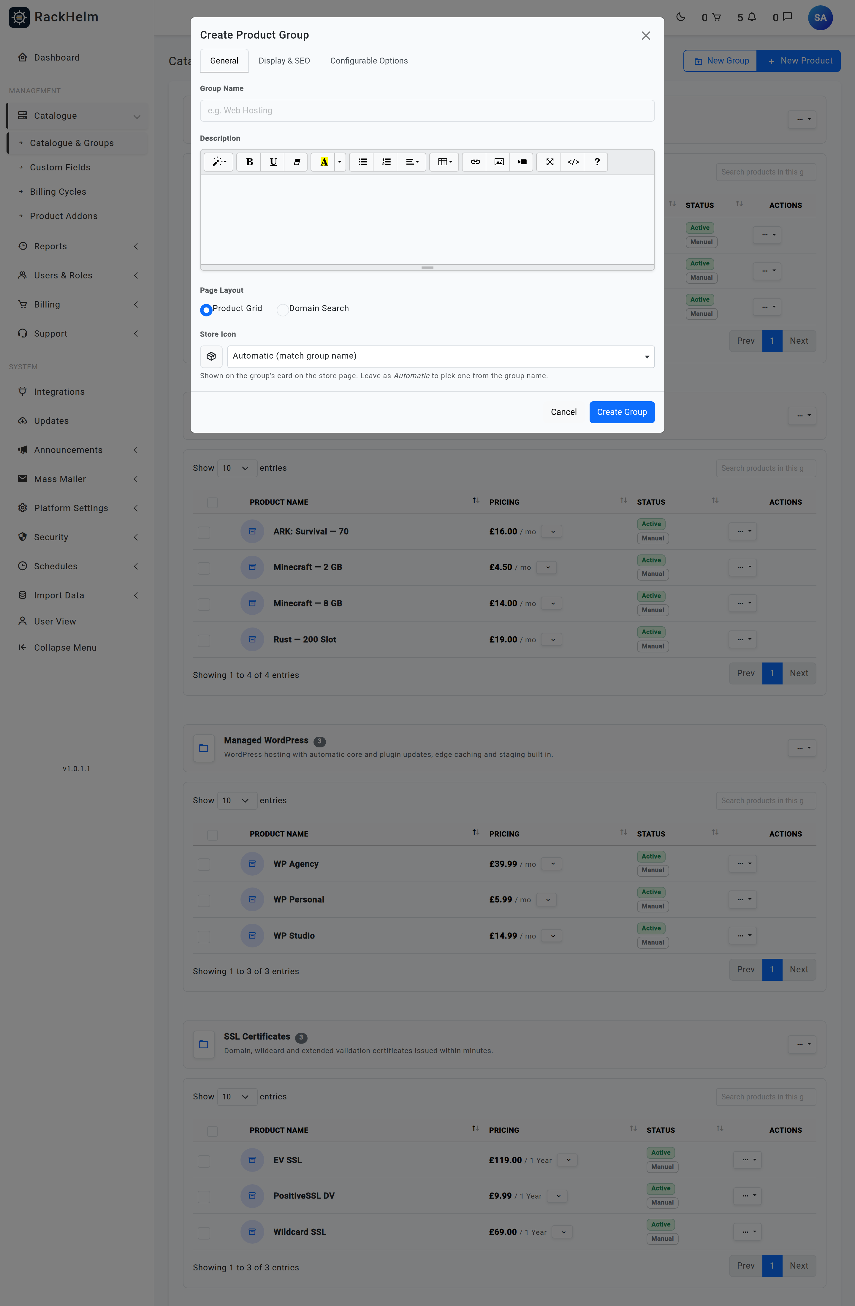 The Create Product Group modal open on the General tab showing name, description, page layout and the Store Icon picker with its preview swatch
