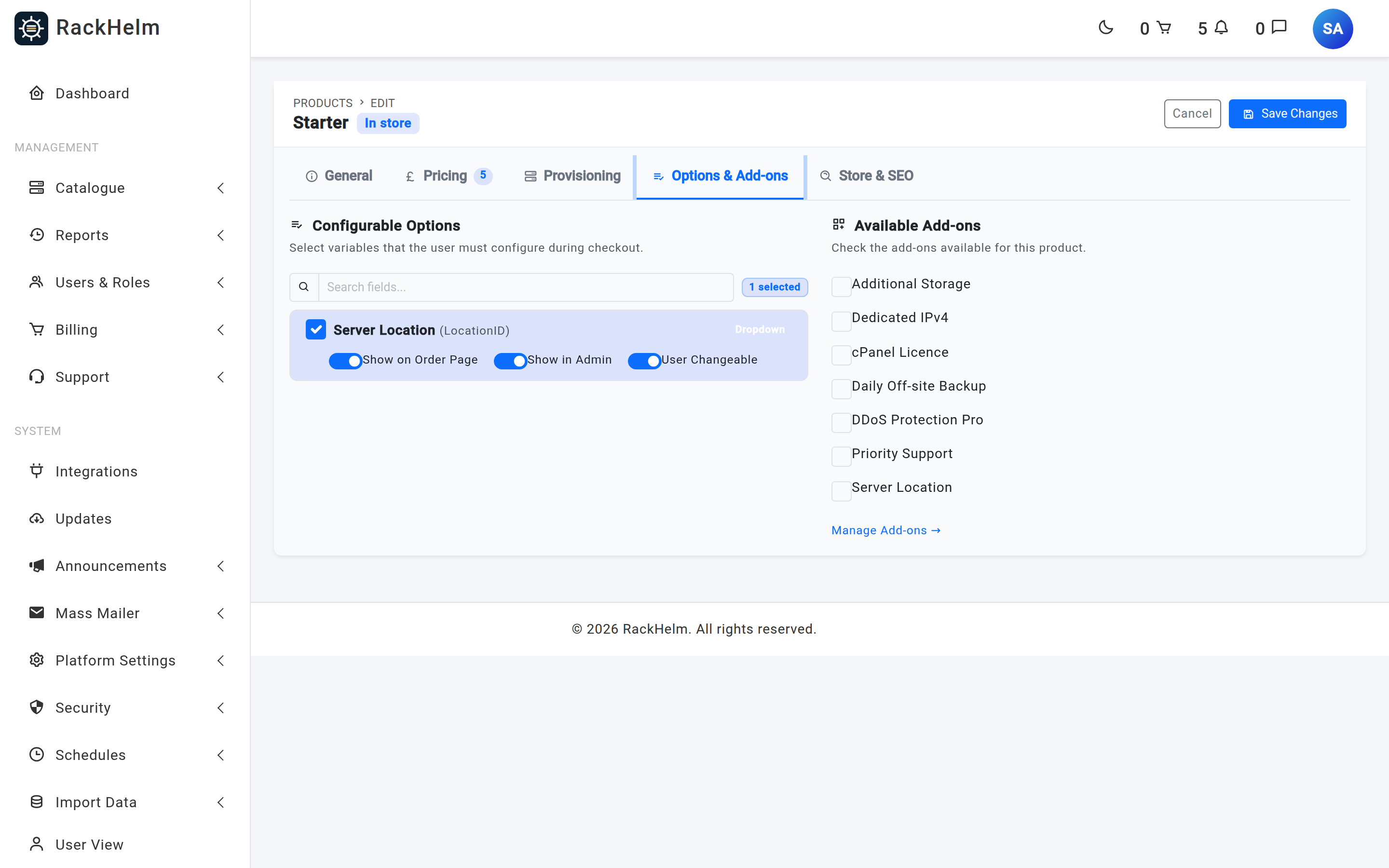 The configurable options picker showing a searchable list of custom fields, each with a checkbox and three switches