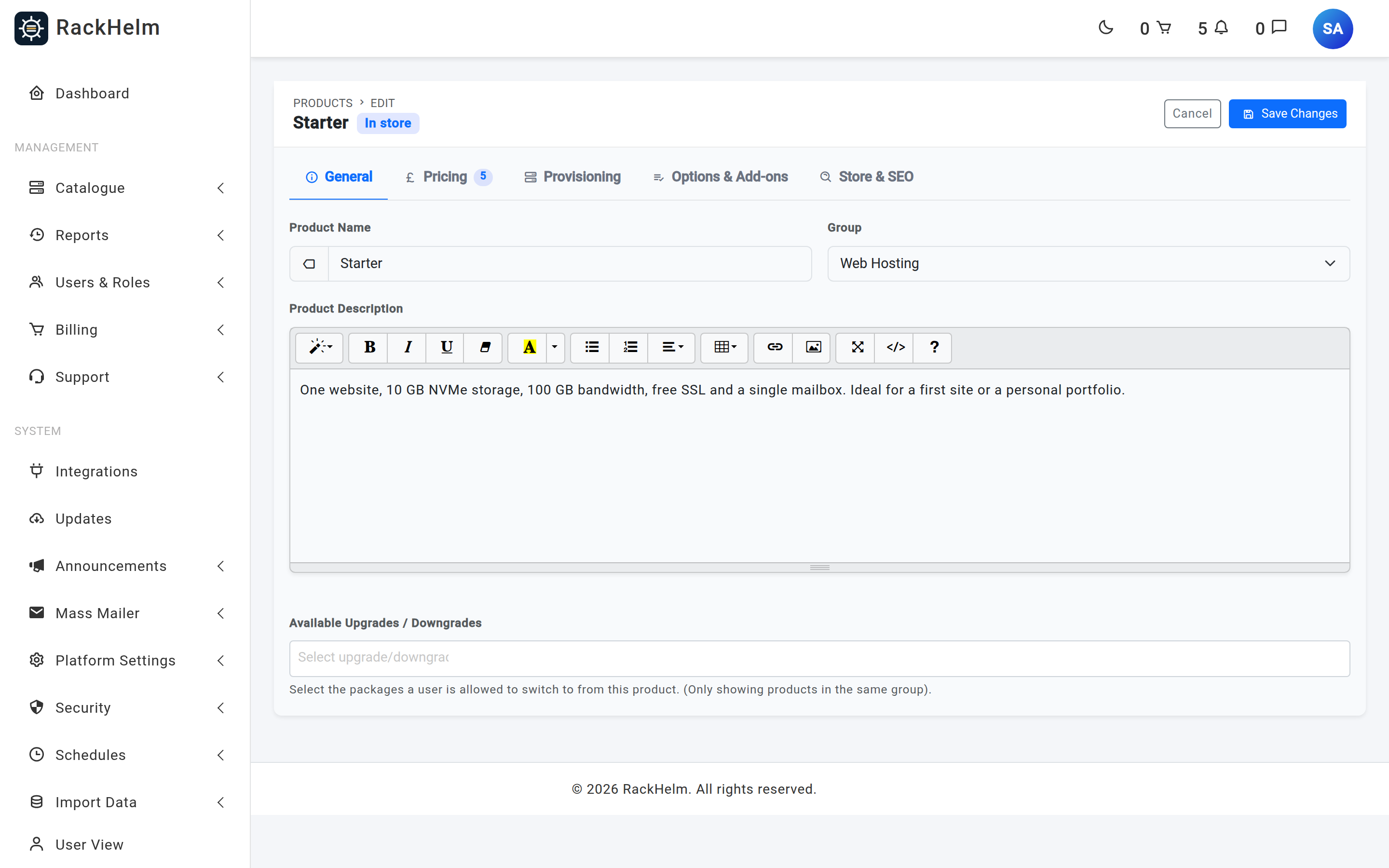 The product editor on its General tab, with the sticky save bar and five tabs