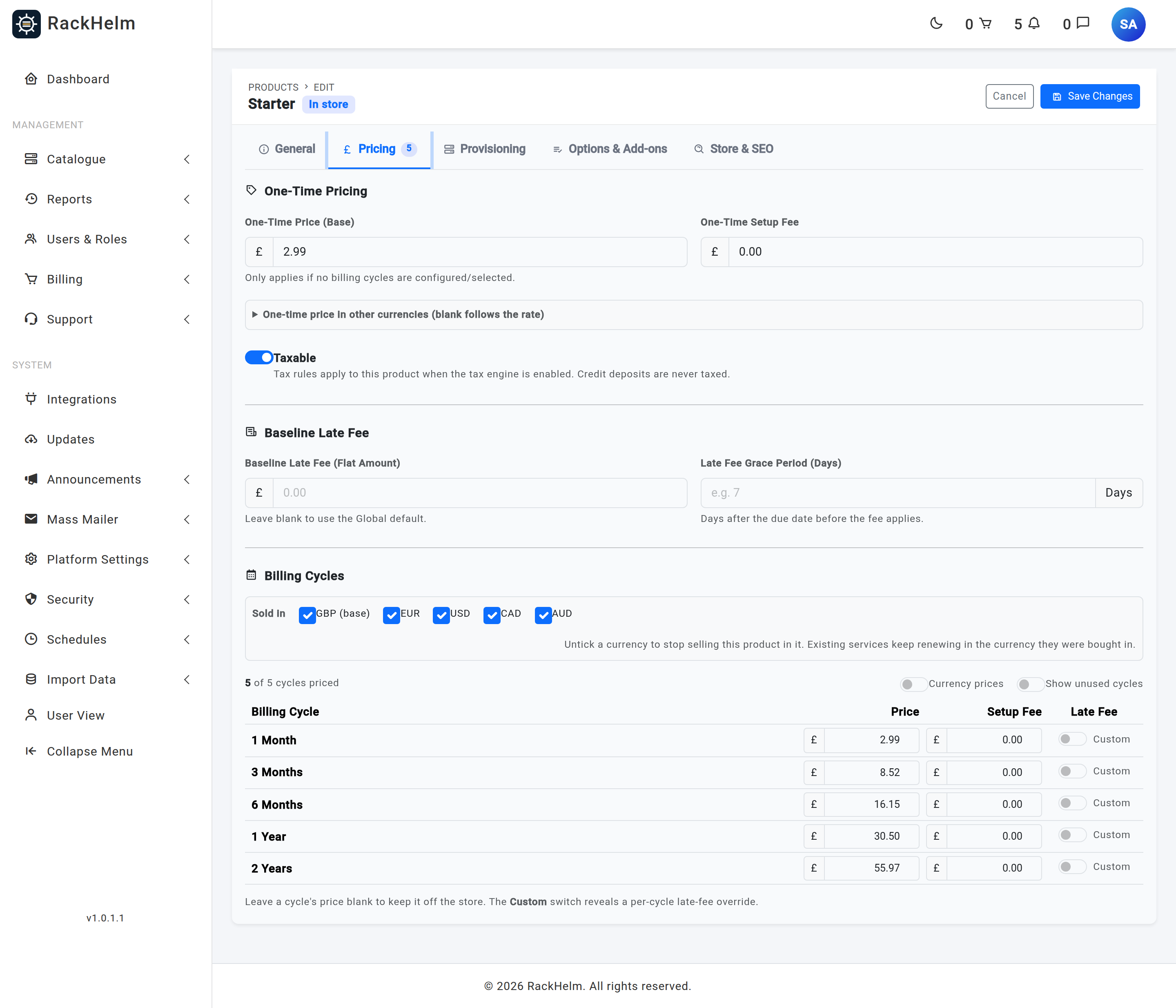 The Pricing tab showing the billing cycles table with price, setup fee and a Custom late-fee switch per row