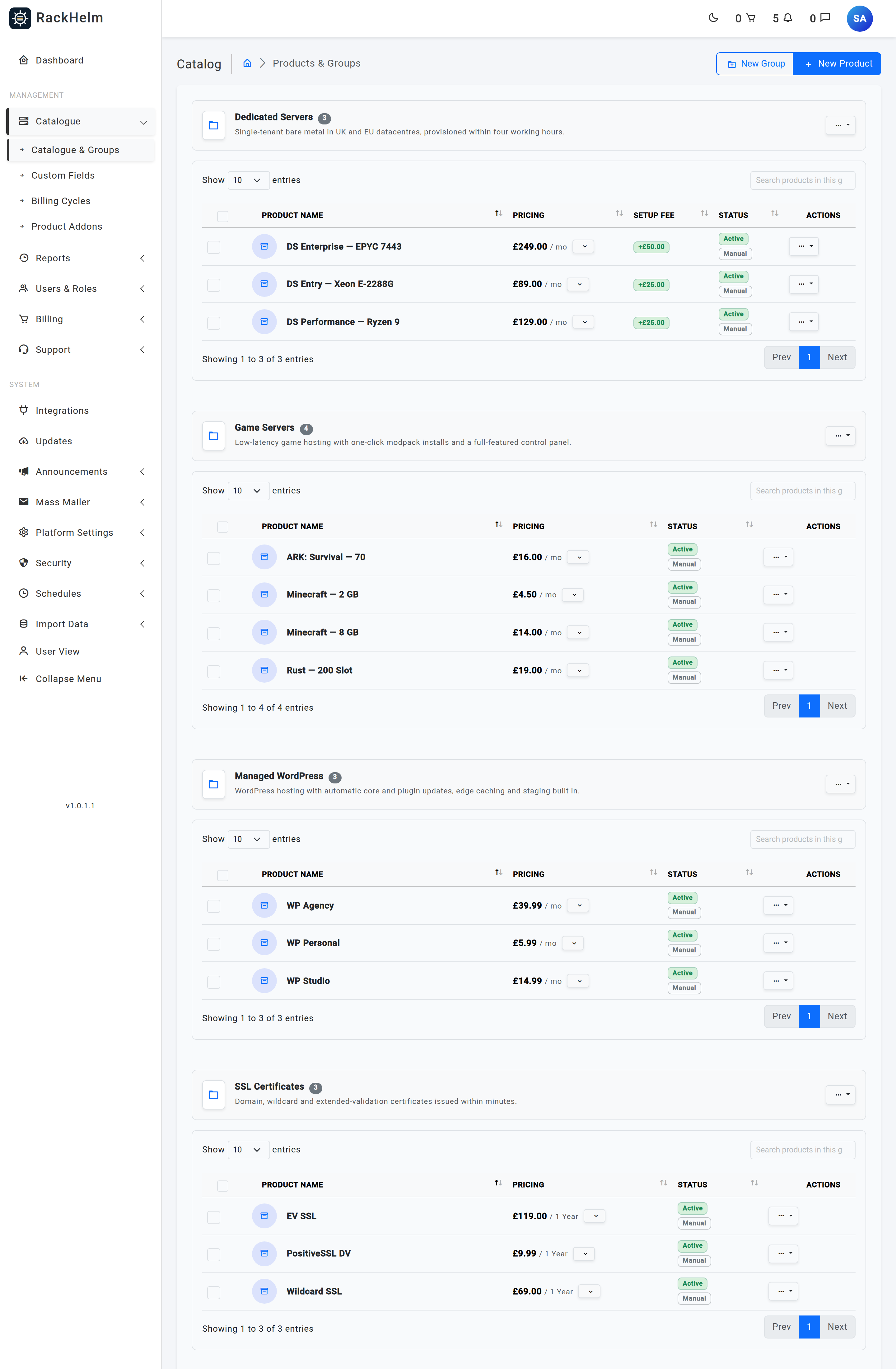The admin Catalogue and Groups screen showing one collapsible panel per product group with a products table inside each