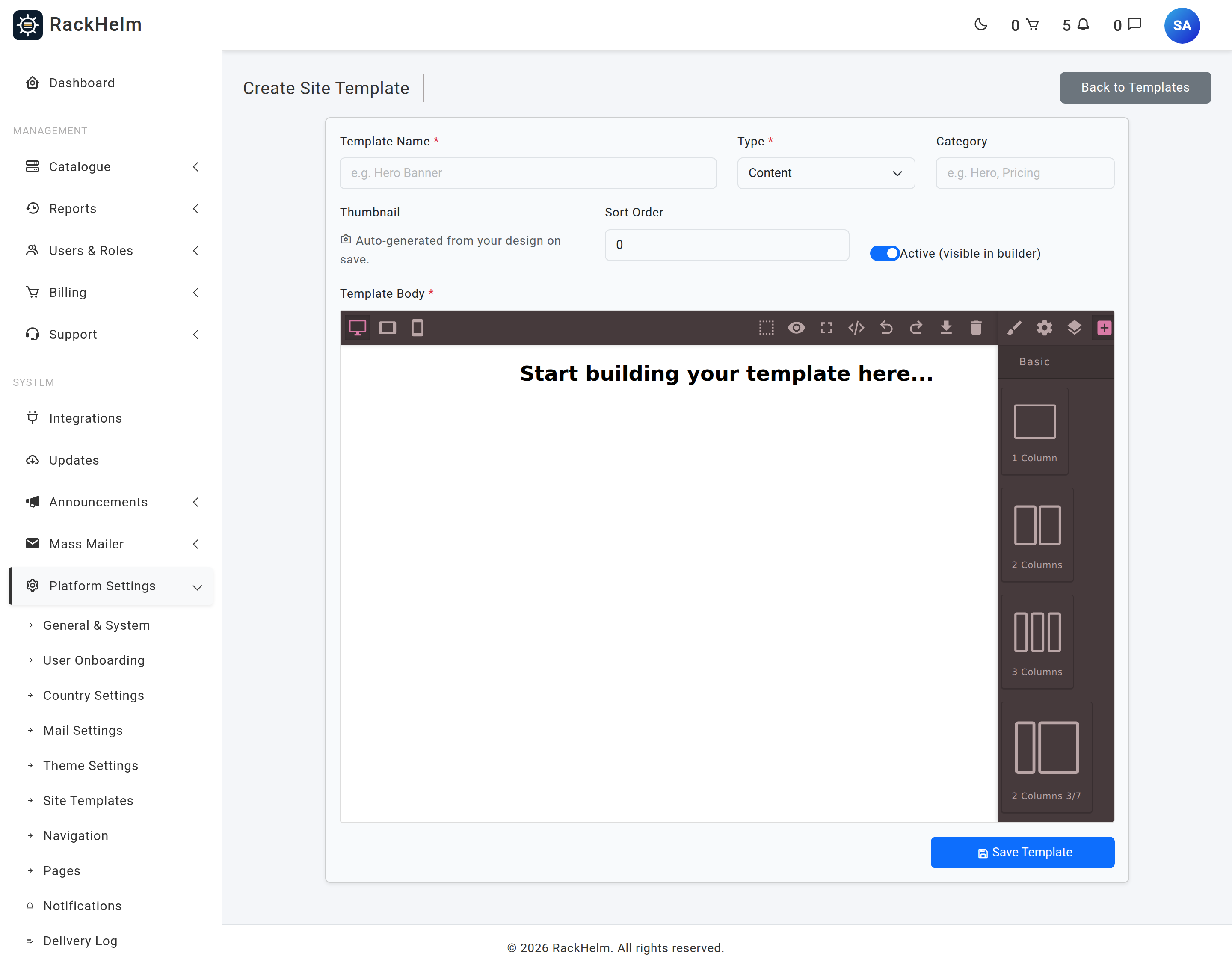 The Create Site Template screen with the metadata fields above and the visual builder canvas below