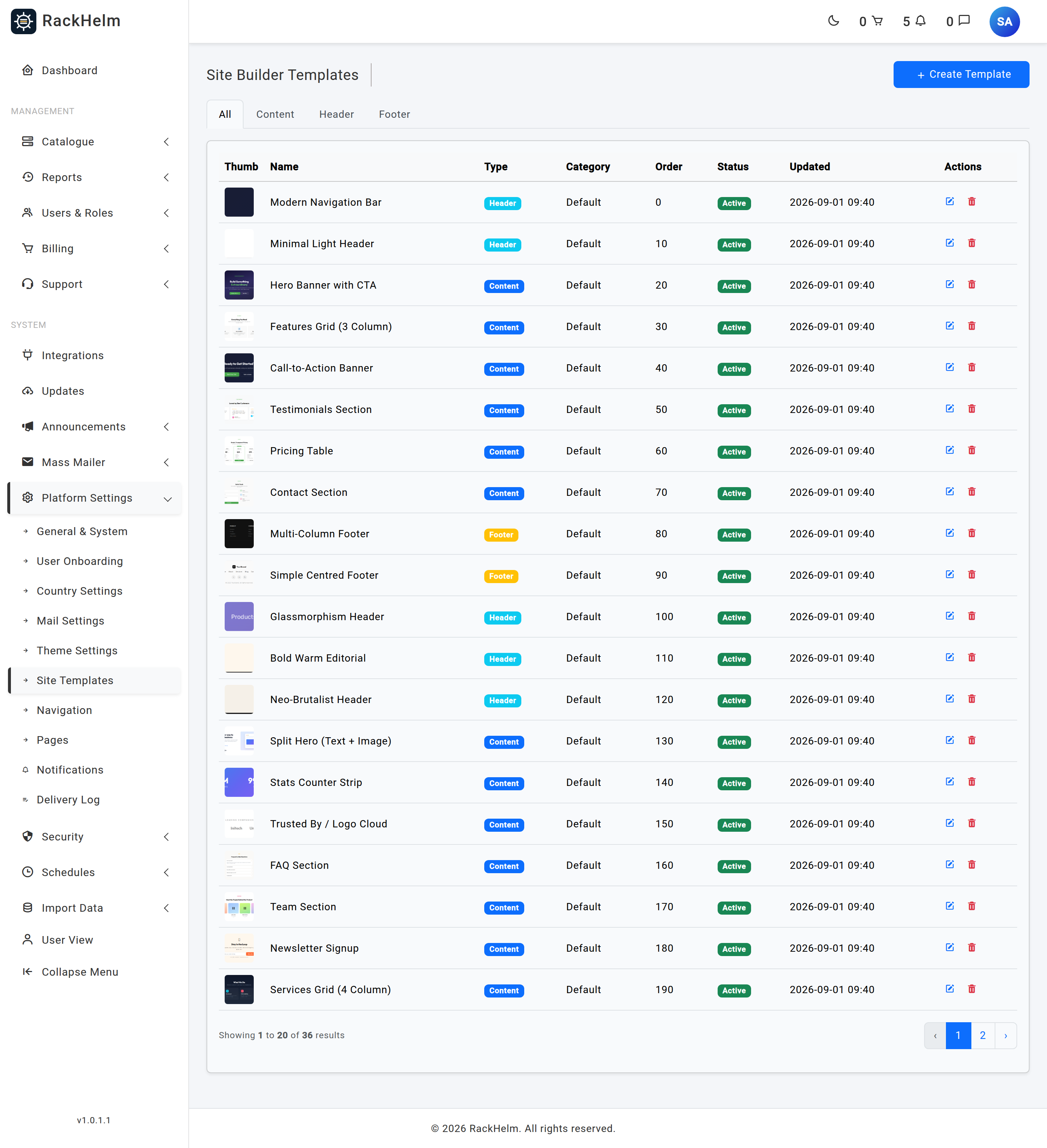 The Site Templates list with type filter tabs and a table of thumbnail, name, type, category, order, status and last-updated
