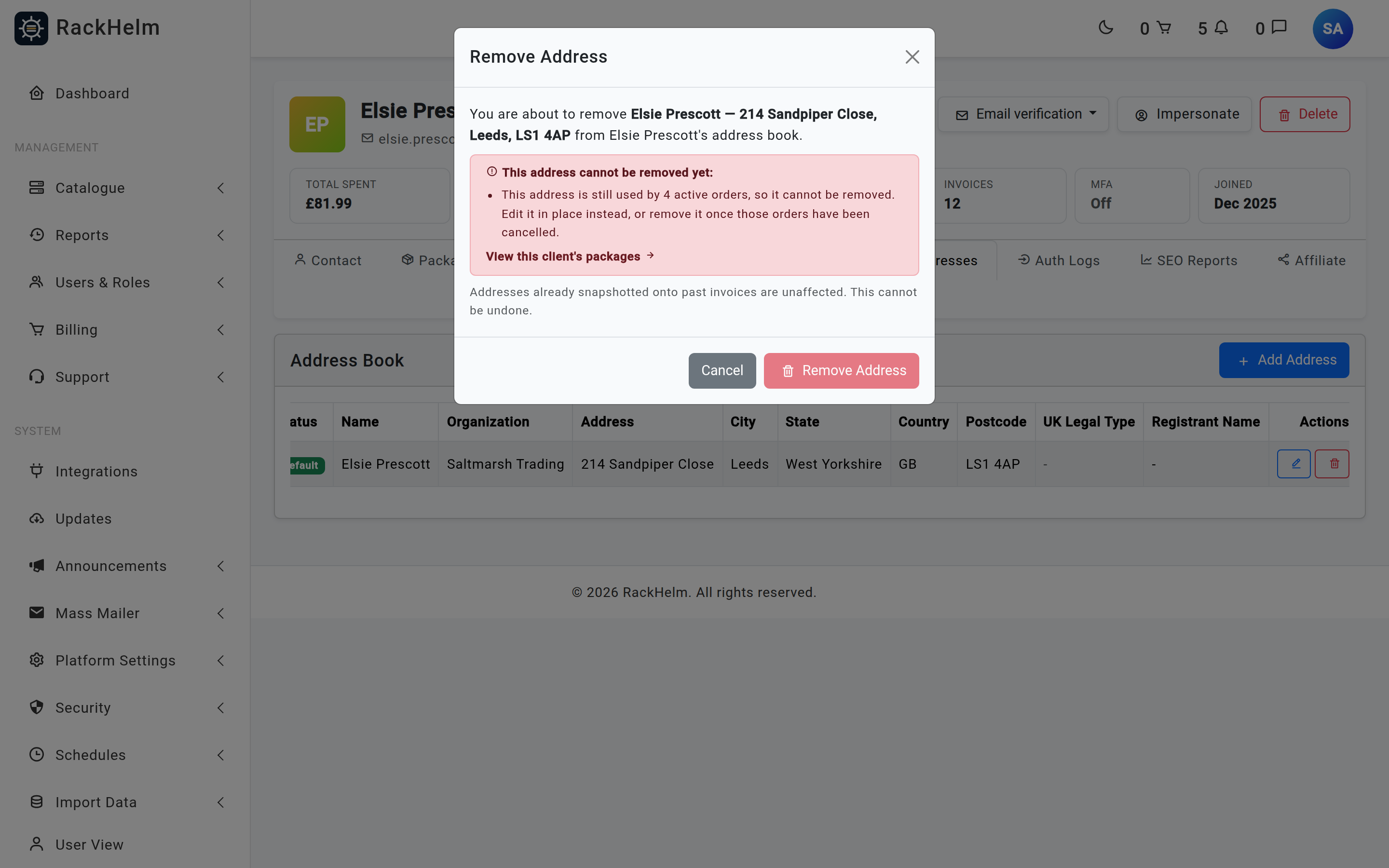 The Remove Address confirmation listing both reasons the address cannot be removed yet