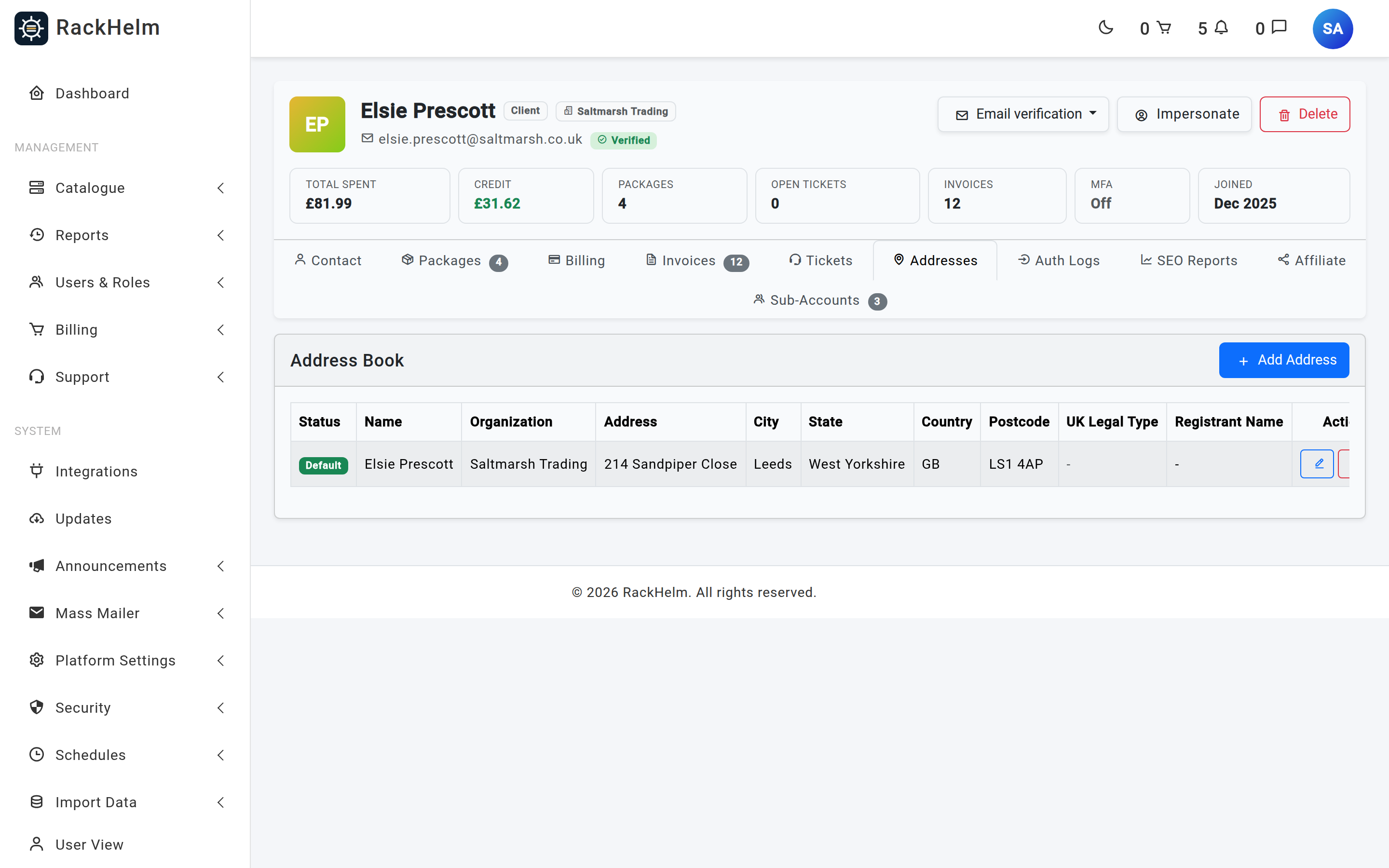 The staff Addresses tab with an Add Address button in the card header and edit and remove buttons on each row