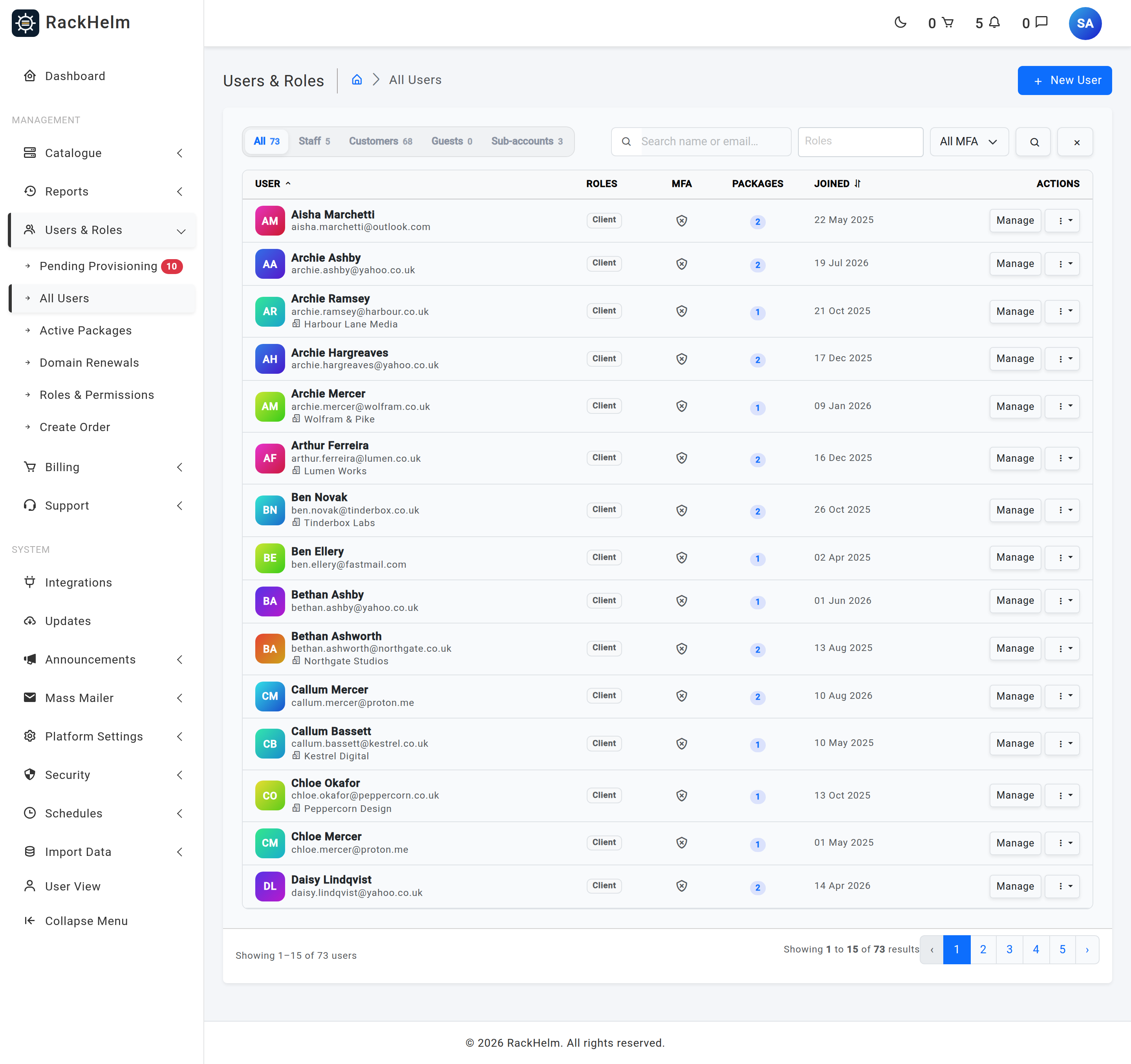 The All Users list showing segment pills, search box, role and MFA filters, and the user table