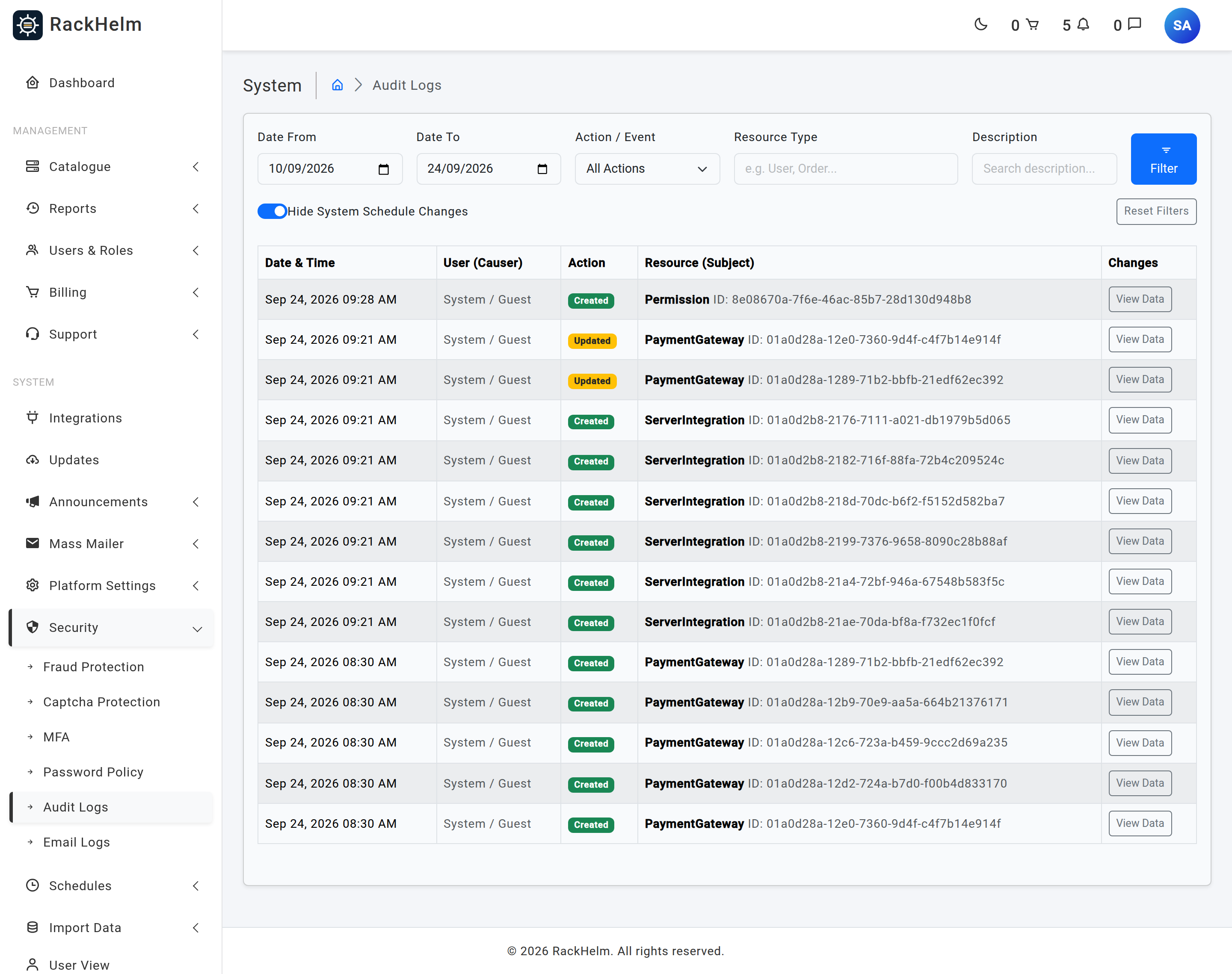The Audit Logs screen with date range, event, resource type and description filters above a table of log entries