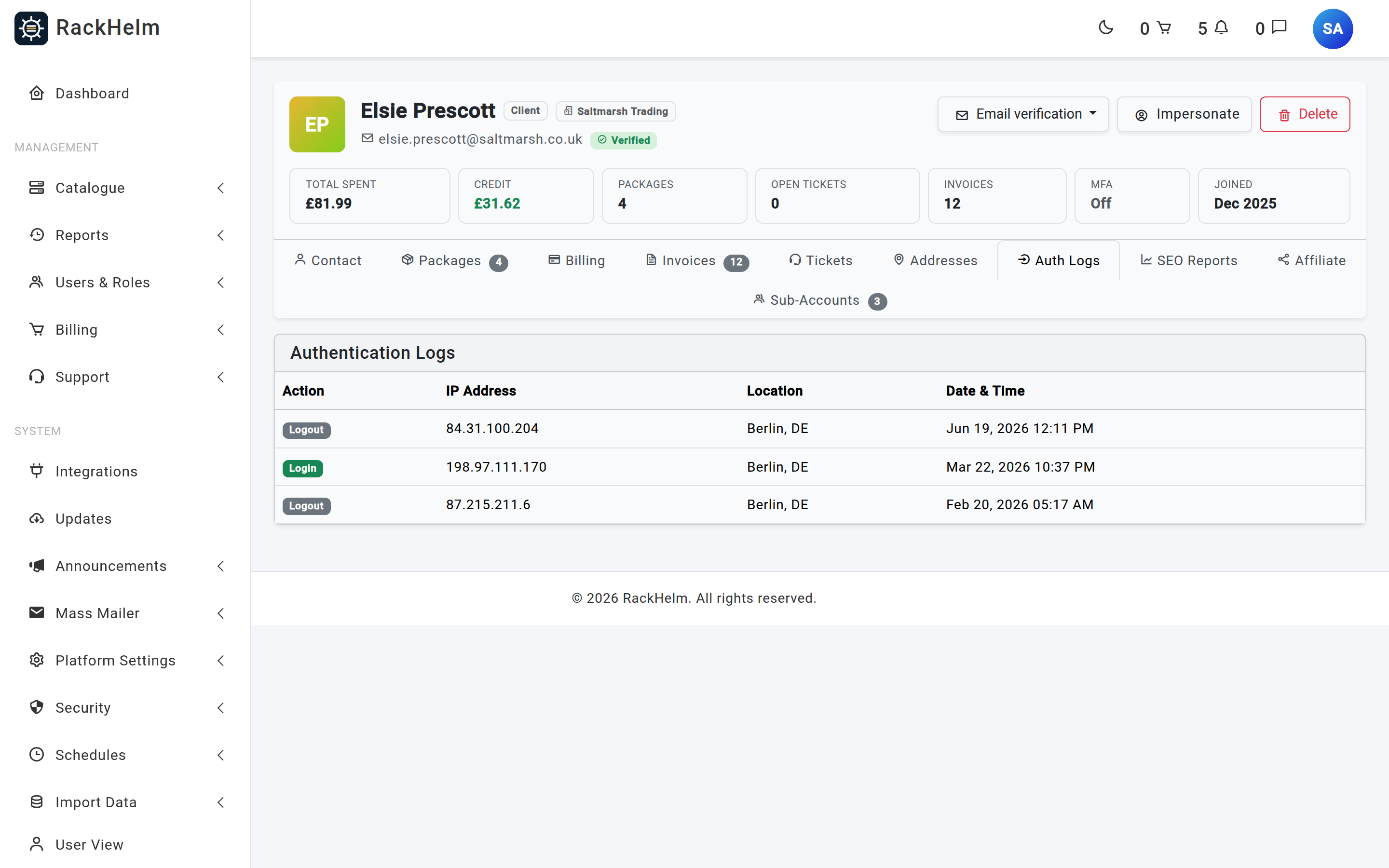 The Auth Logs tab listing login and logout events with IP address, location and timestamp