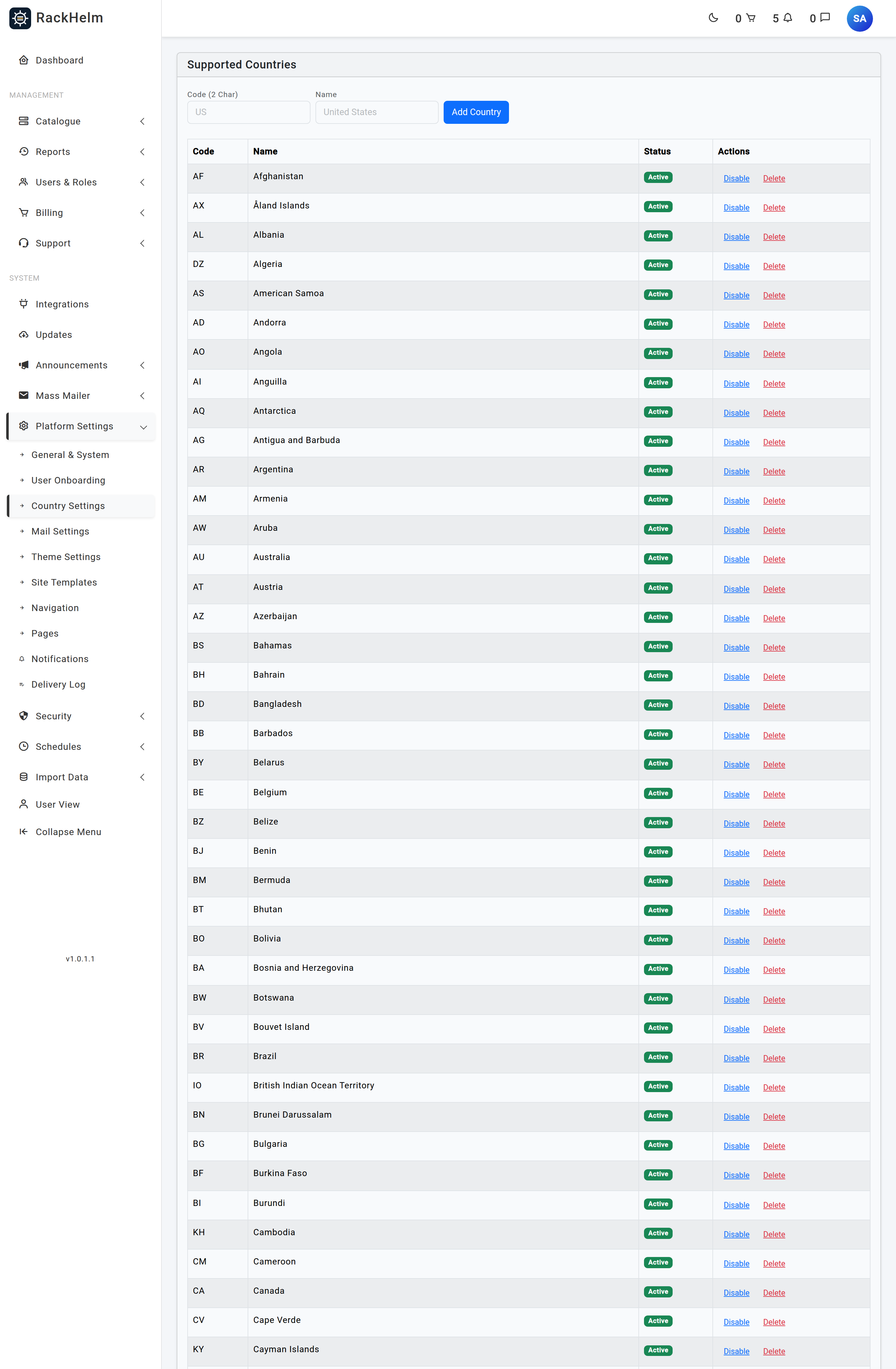 The Supported Countries screen with an add form above a table of code, name, status and actions