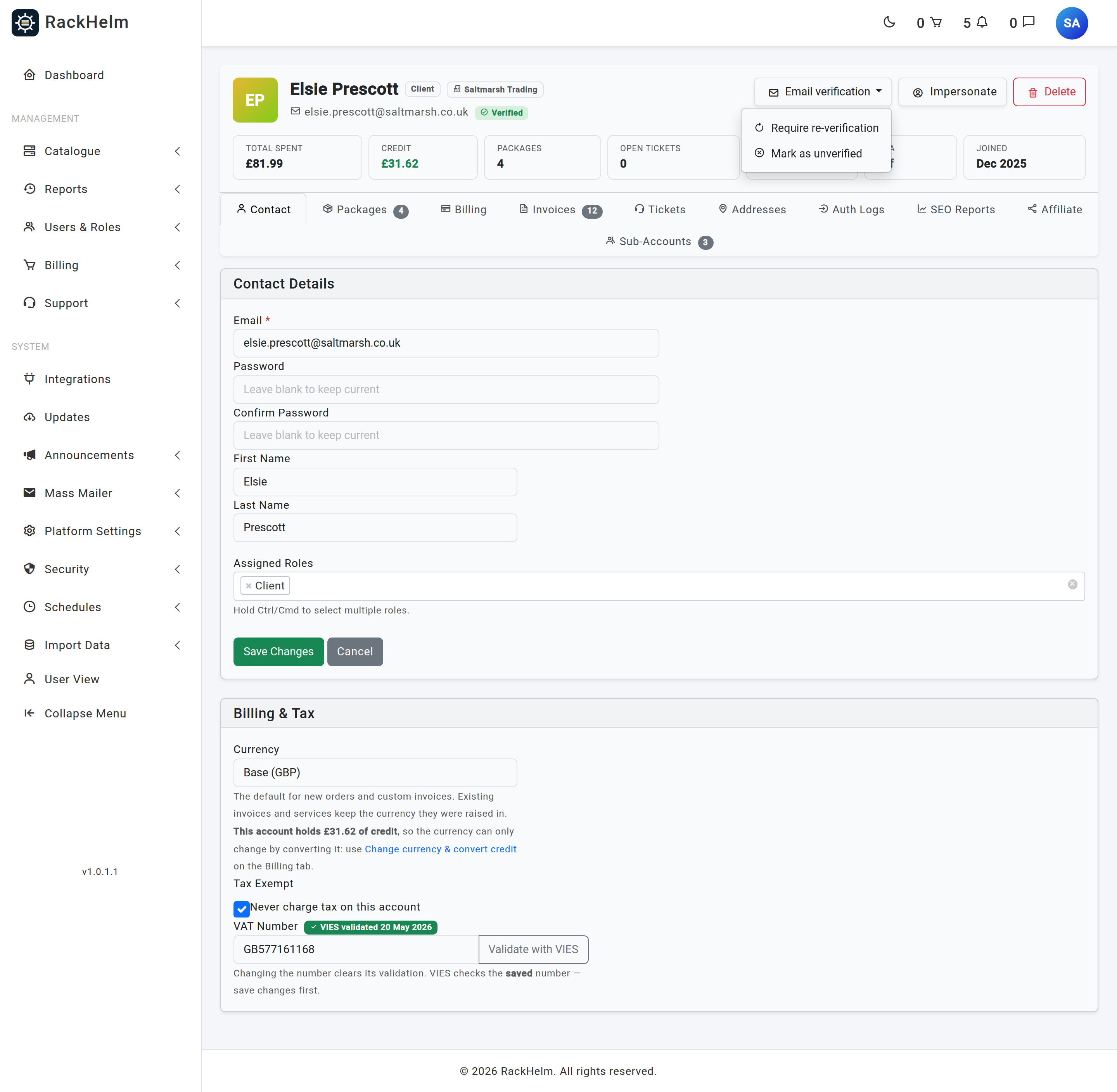 The client workspace profile header with the Email verification dropdown open beside an Unverified badge