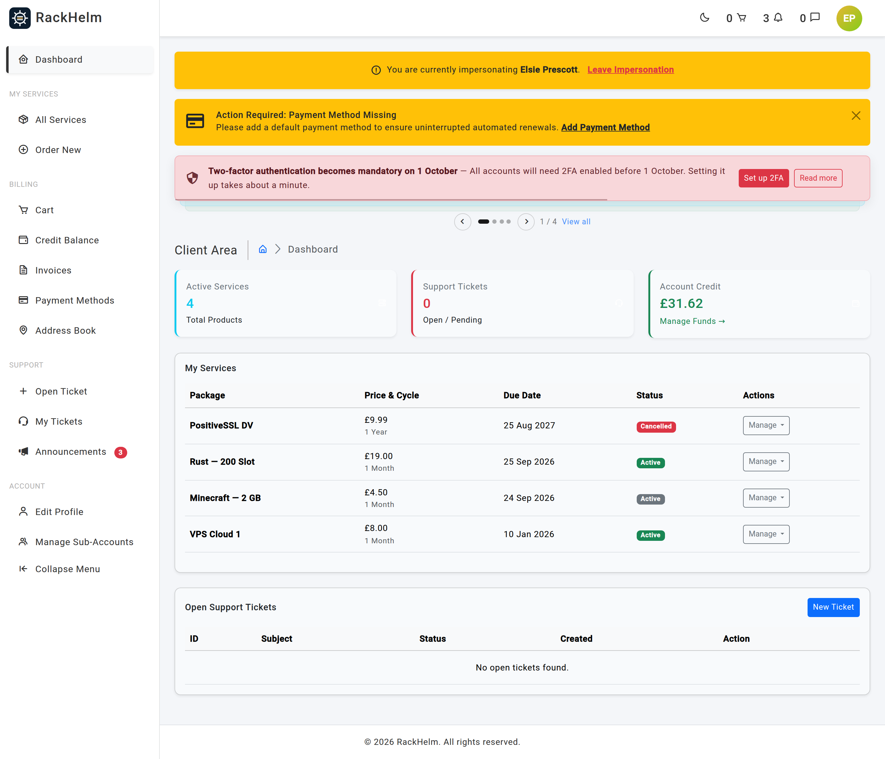 The client dashboard with a yellow banner reading You are currently impersonating, and a Leave Impersonation link