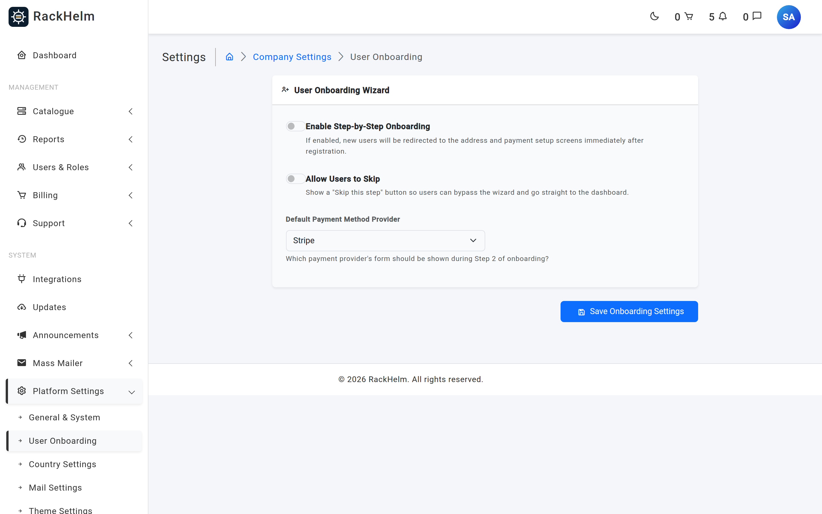 The User Onboarding Wizard card with two switches and a default payment provider dropdown
