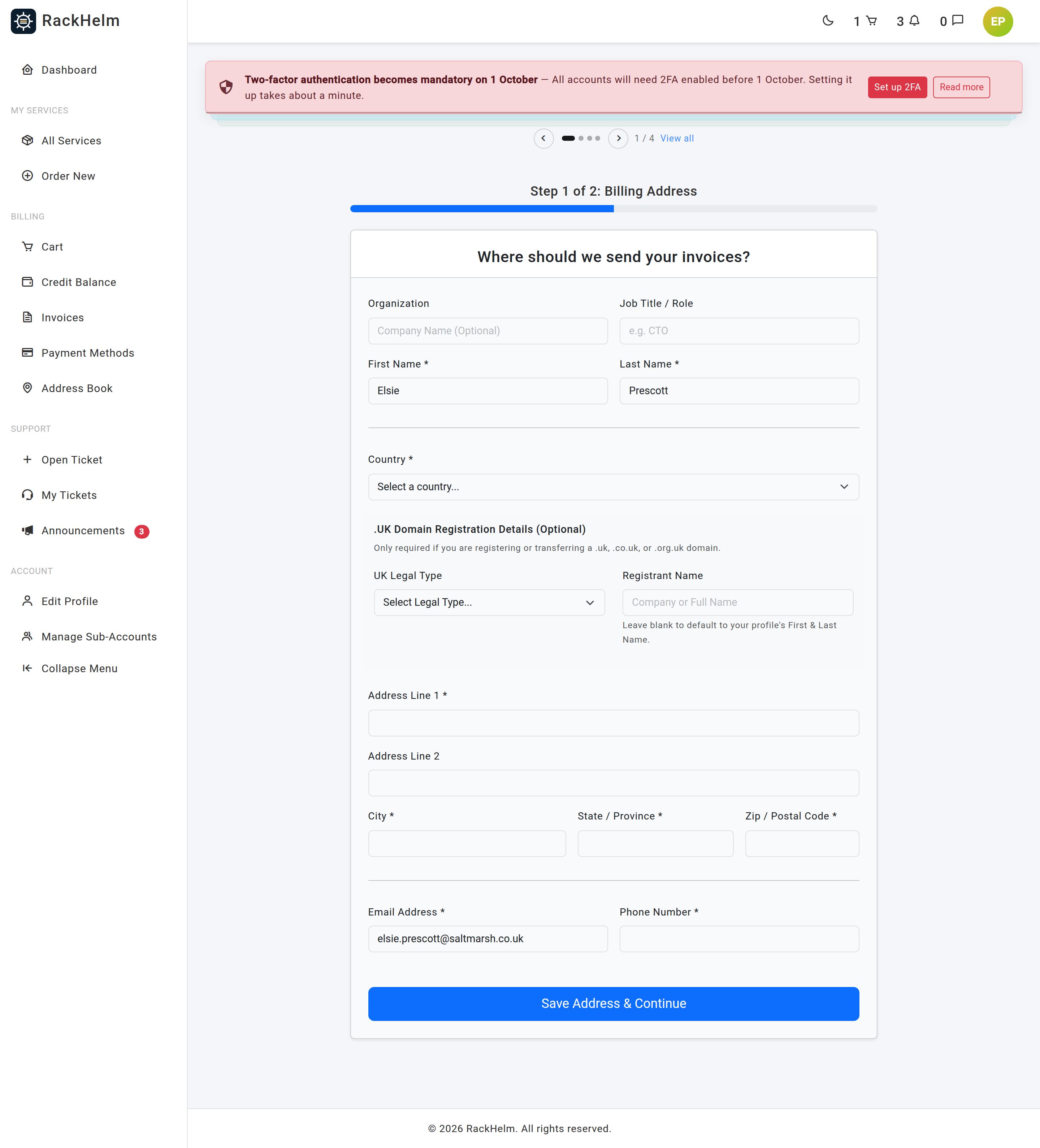 The onboarding billing address form with organisation, name, country, address and contact fields