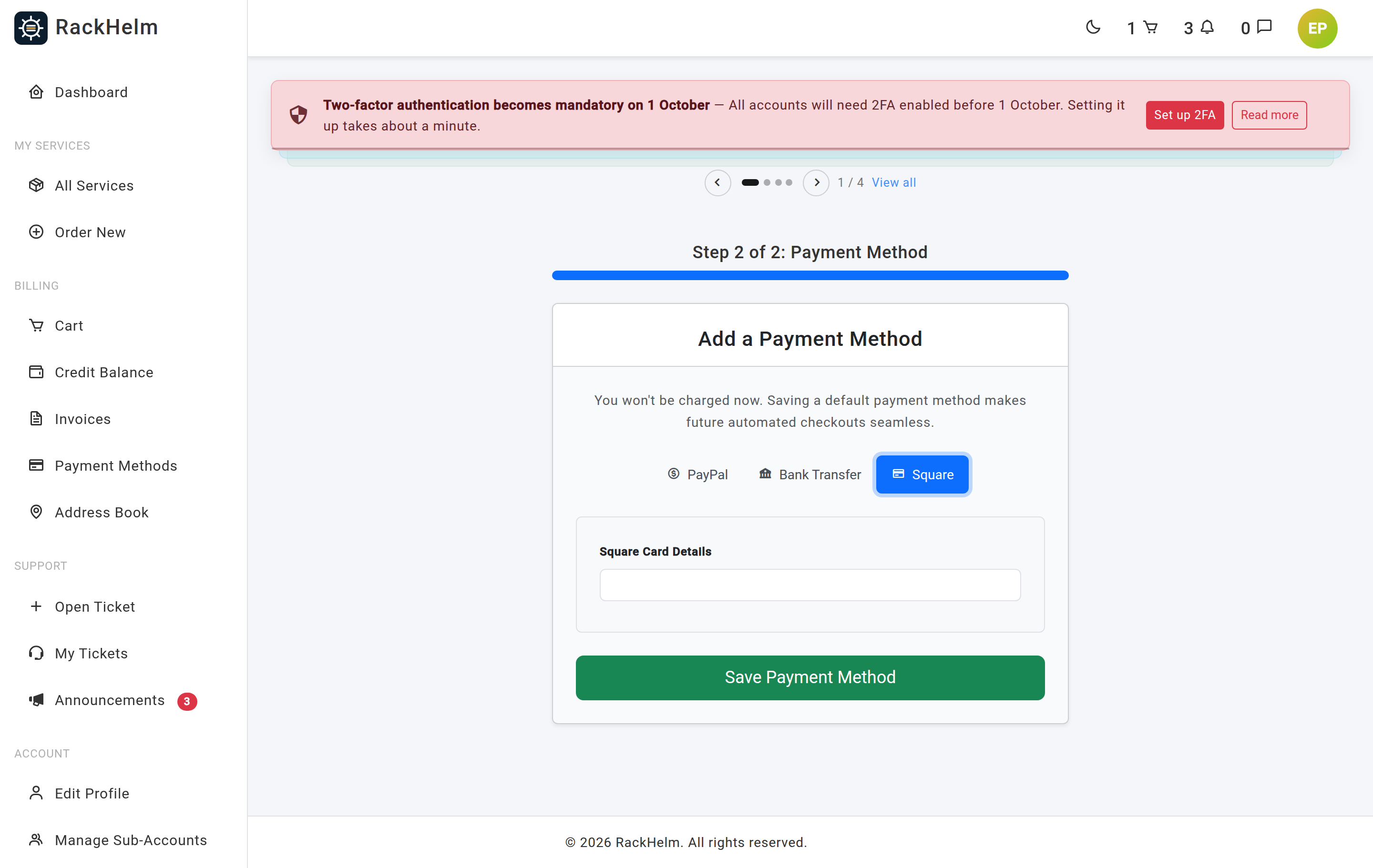 The onboarding payment step with gateway tabs and a card entry form
