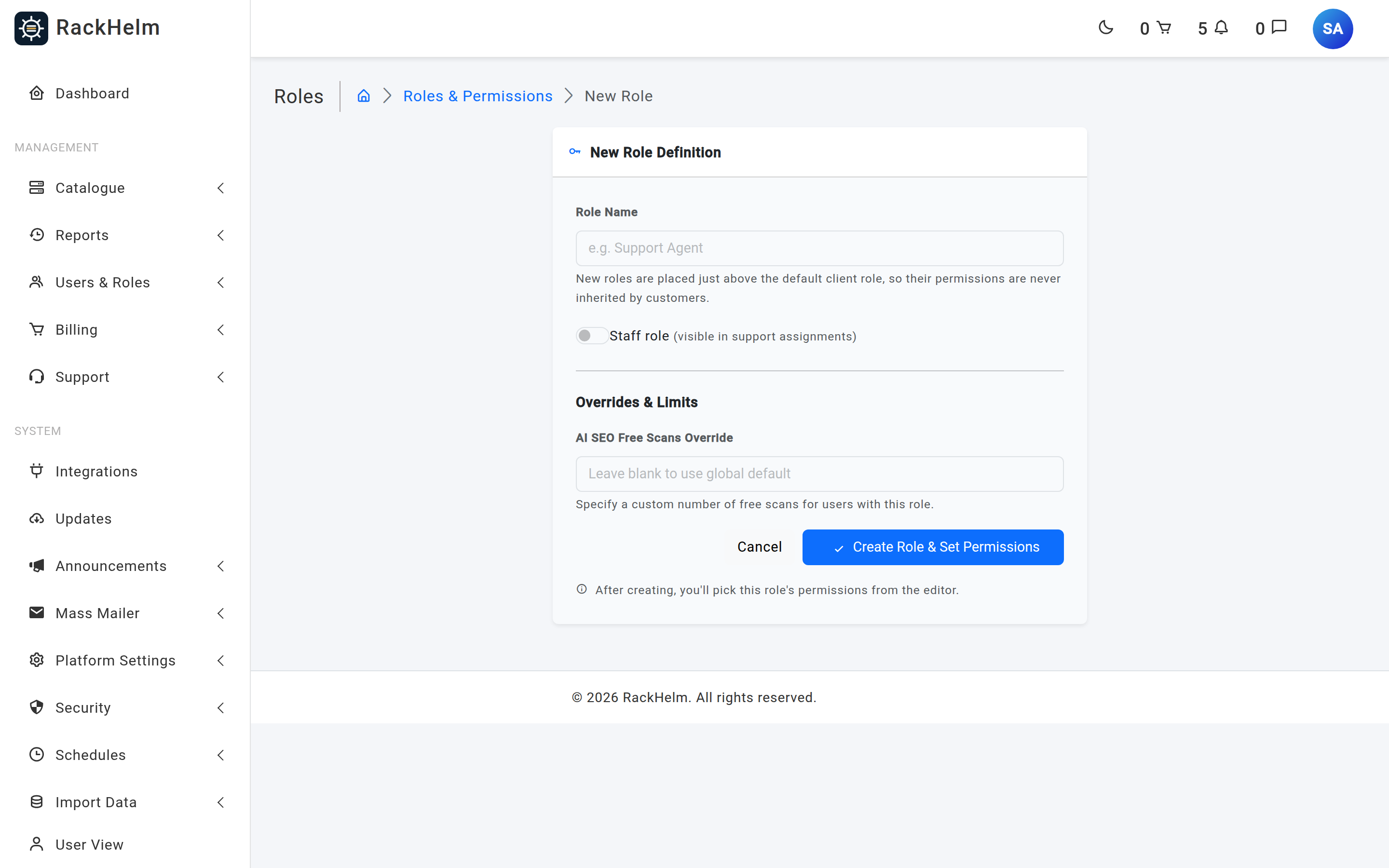 The New Role Definition form with role name, staff role switch and AI SEO free scans override
