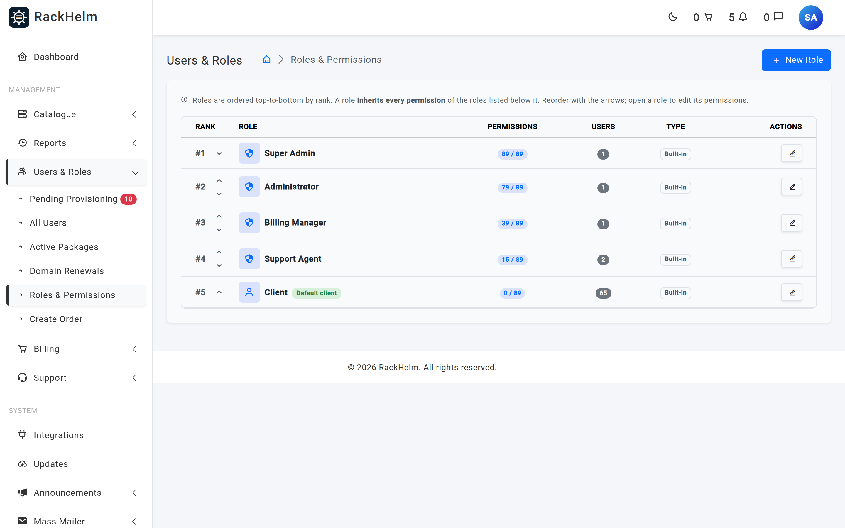 The Roles and Permissions list showing rank arrows, permission counts, user counts and type badges