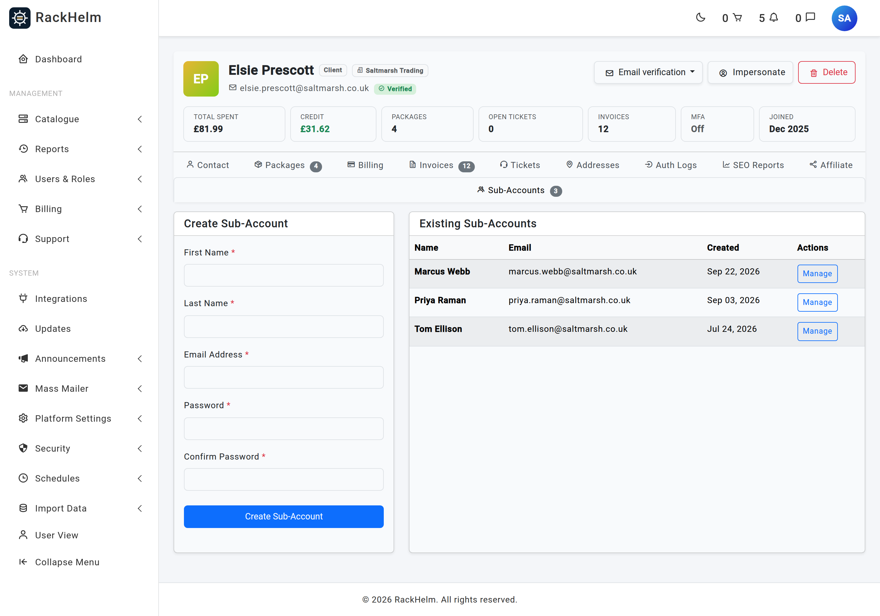 The admin Sub-Accounts tab with a create form on the left and the existing sub-accounts table on the right
