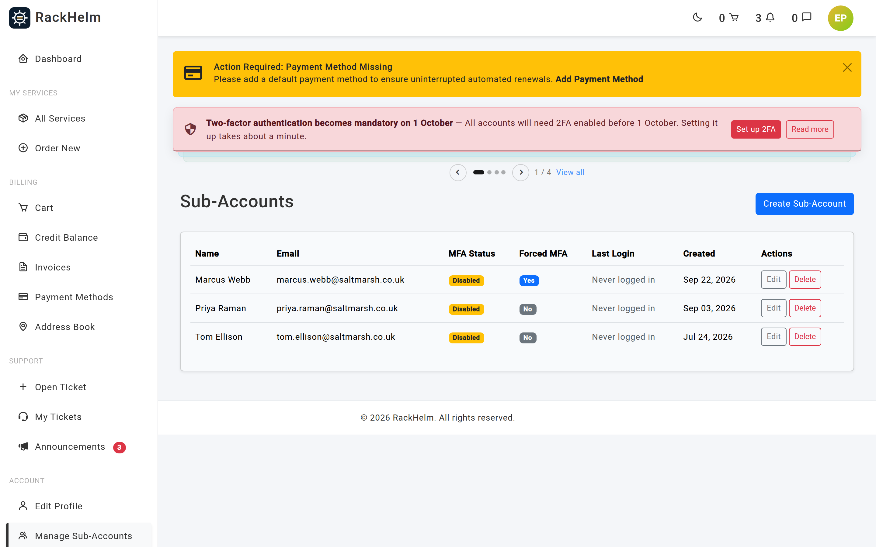 The customer Sub-Accounts list showing name, email, MFA status, forced MFA, last login and created date