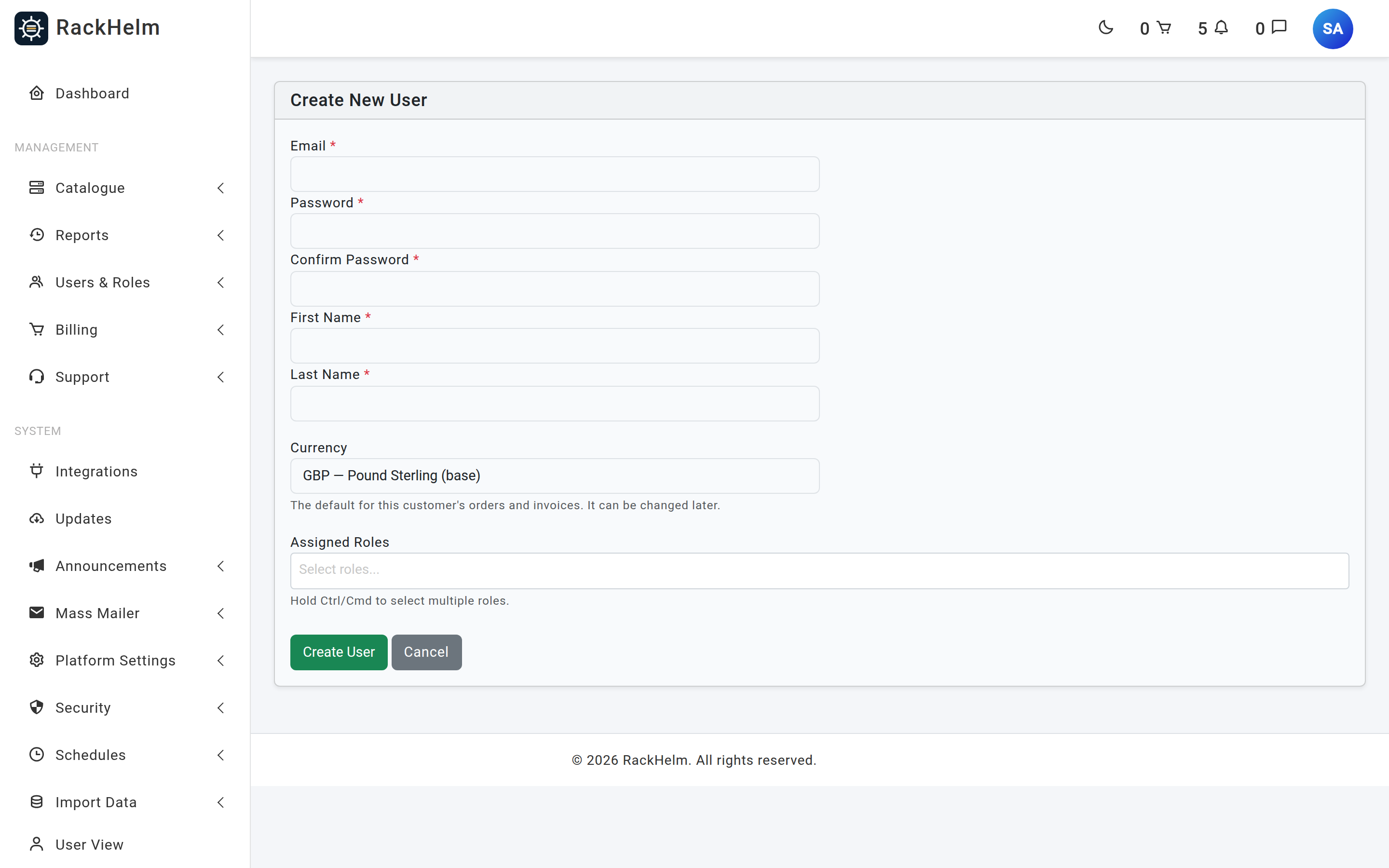 The Create New User form with email, password, name and role fields