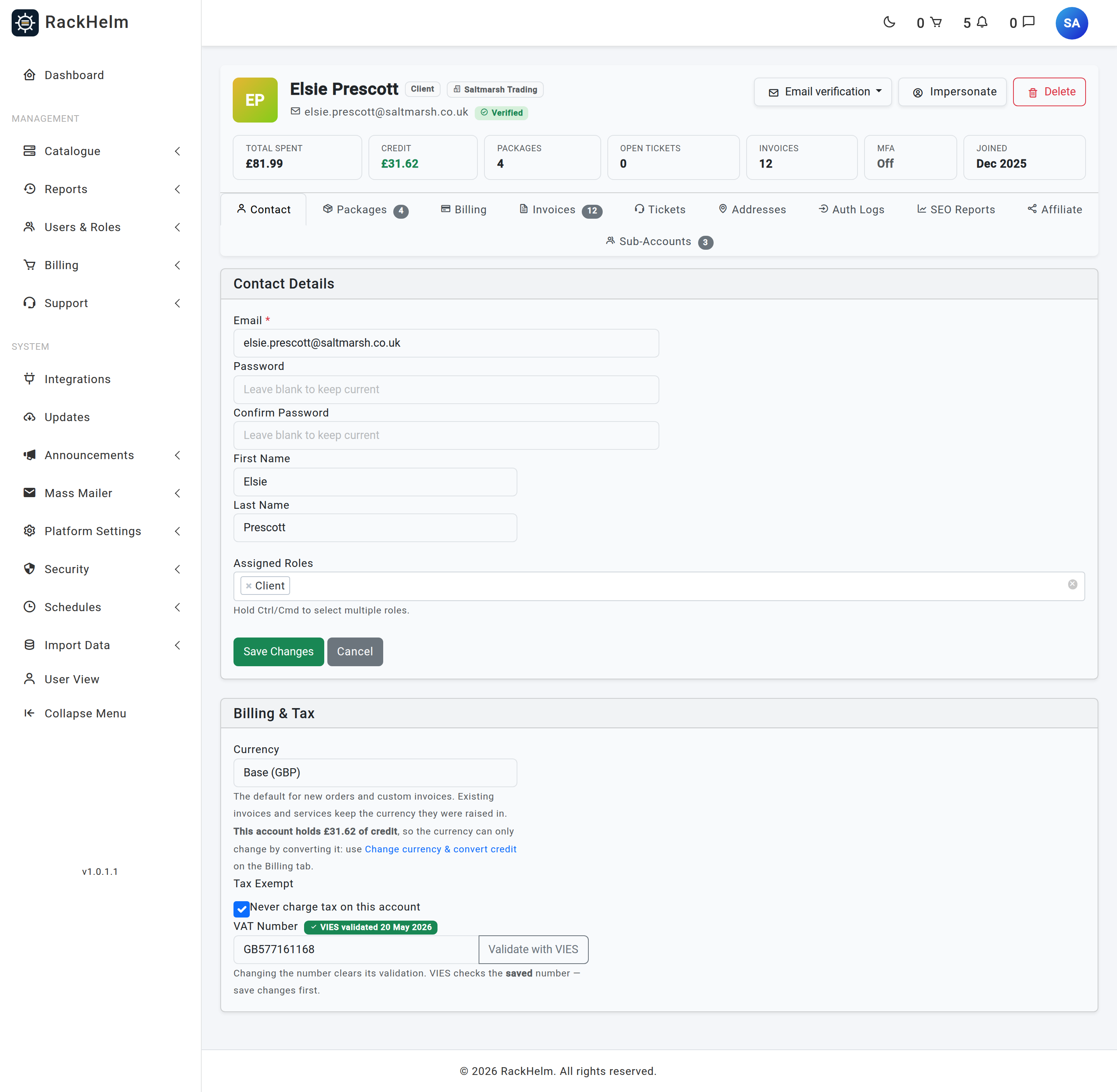 A client profile header with KPI tiles and the row of workspace tabs