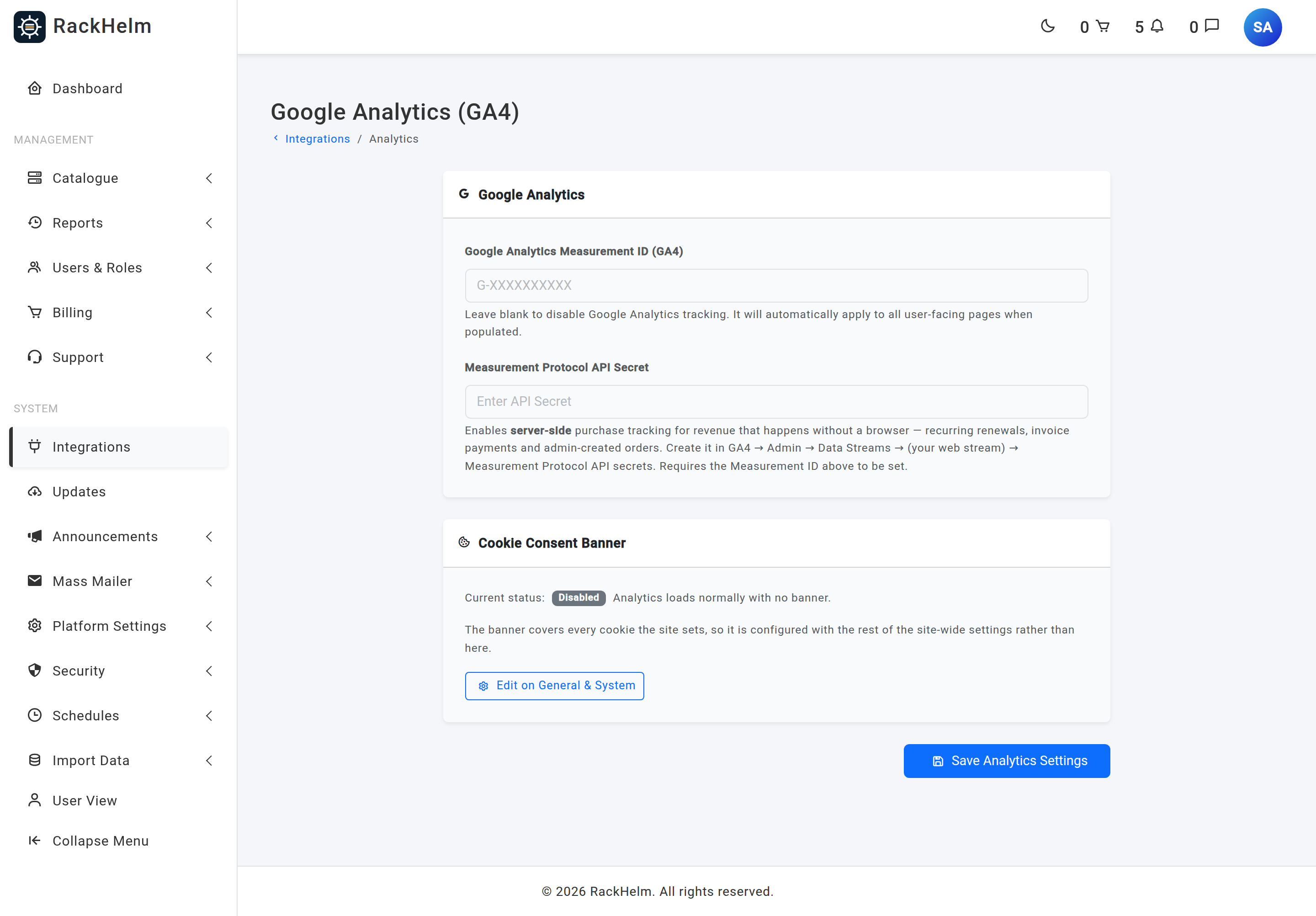 The Google Analytics settings screen with the Measurement ID, the Measurement Protocol API secret and a summary of the consent banner state