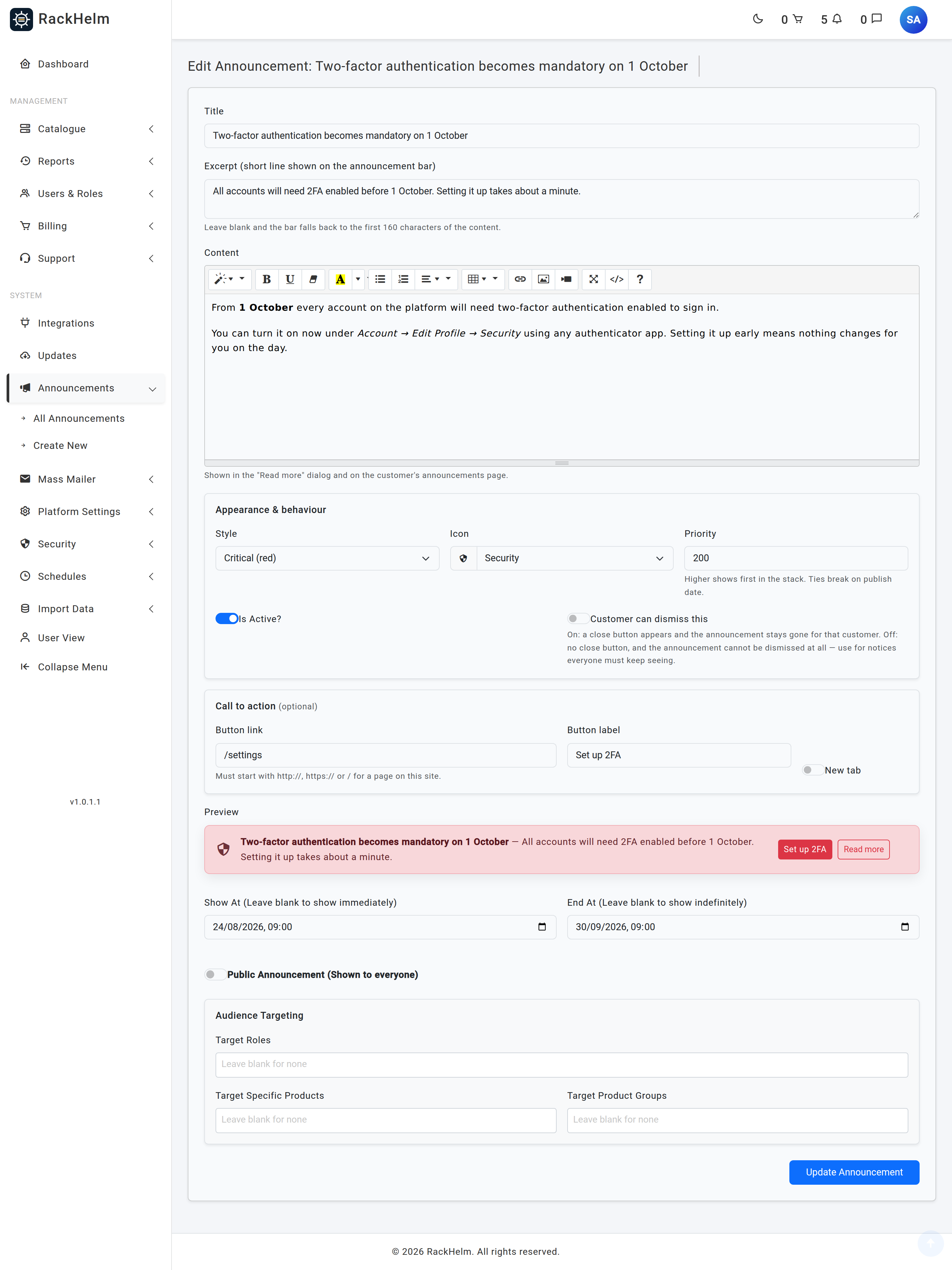 The announcement form showing title, excerpt, rich-text content, the Appearance and behaviour card, the Call to action card, the live preview, schedule fields and the audience targeting panel
