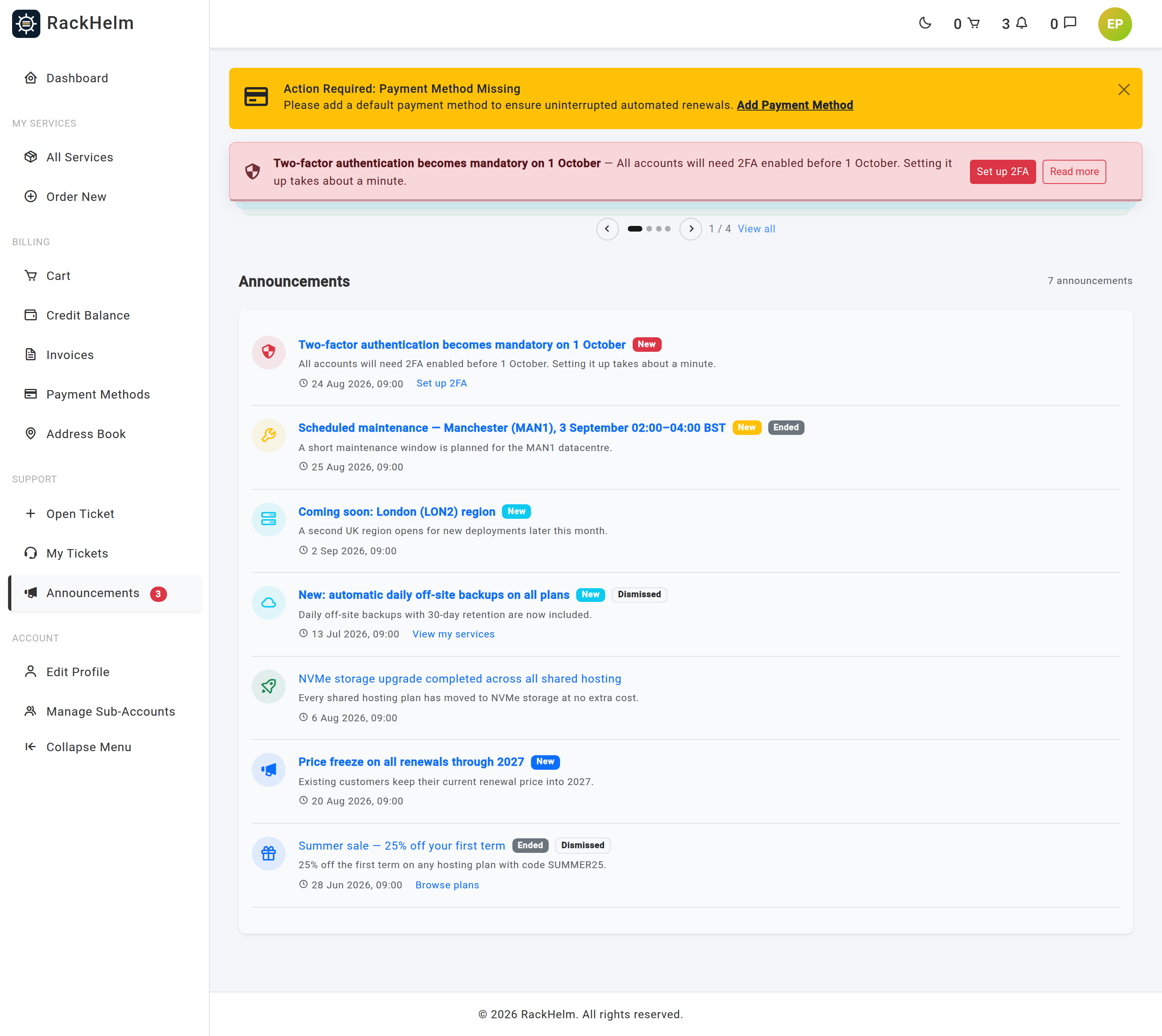 The customer announcements archive listing past and current announcements with New, Ended and Dismissed badges